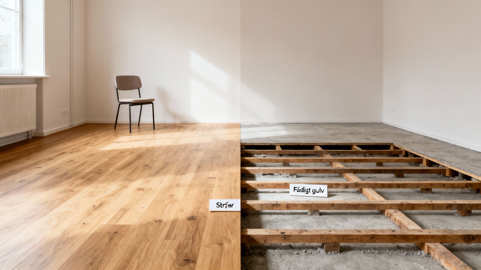 Halvfærdigt rum med nyt trægulv til venstre og synlige strøer og betongulv til højre, samt en stol.