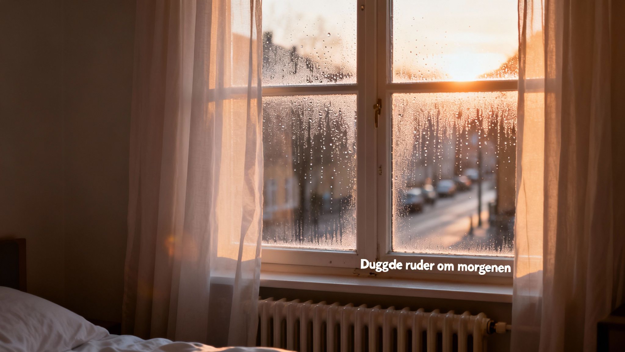 Duggede vinduer med vanddråber, der viser en solrig gade om morgenen, set fra et hyggeligt soveværelse.