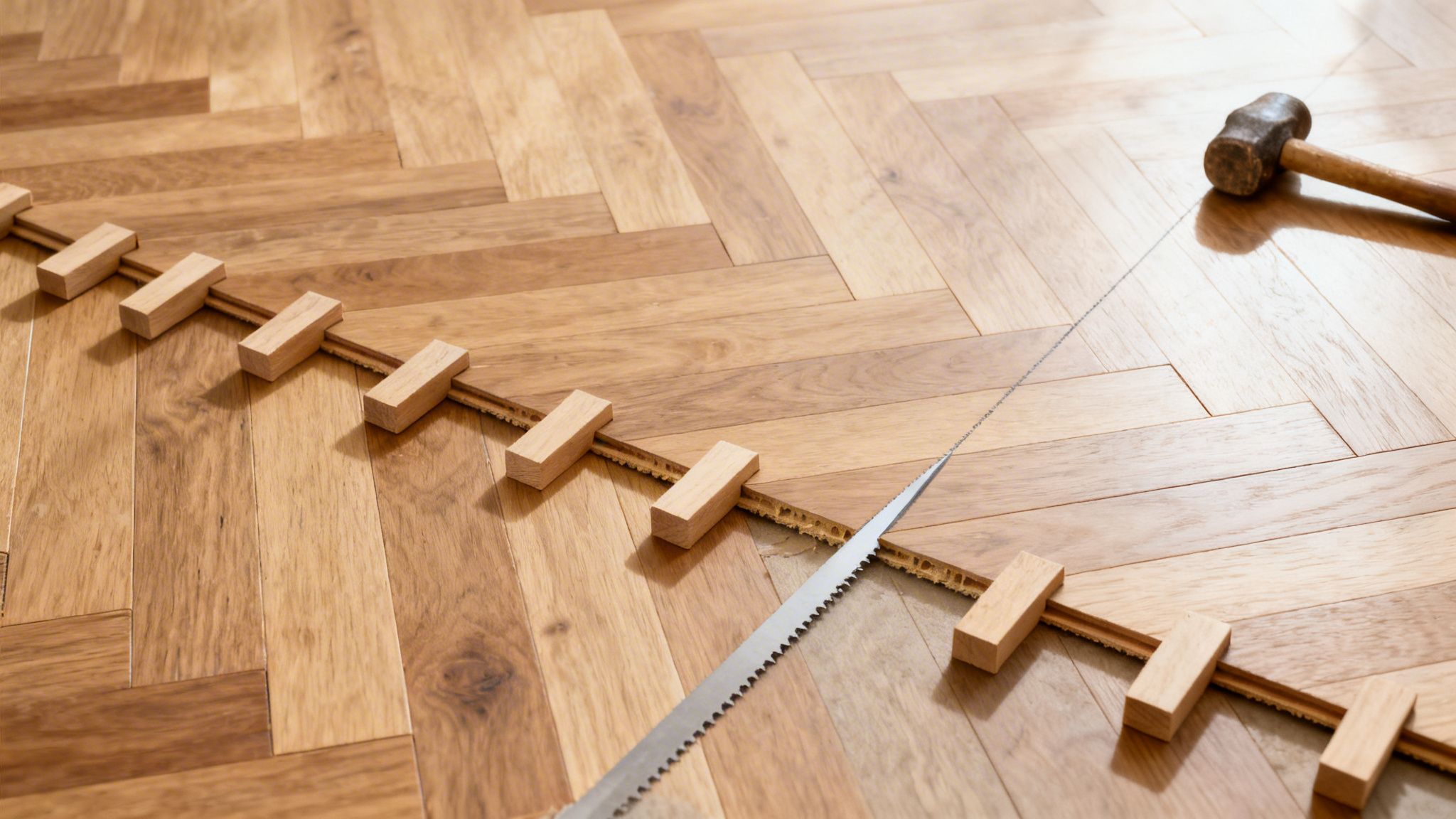 Installation af sildebensparketgulv med træklodser og sav. En hammer ligger på det færdige gulv.