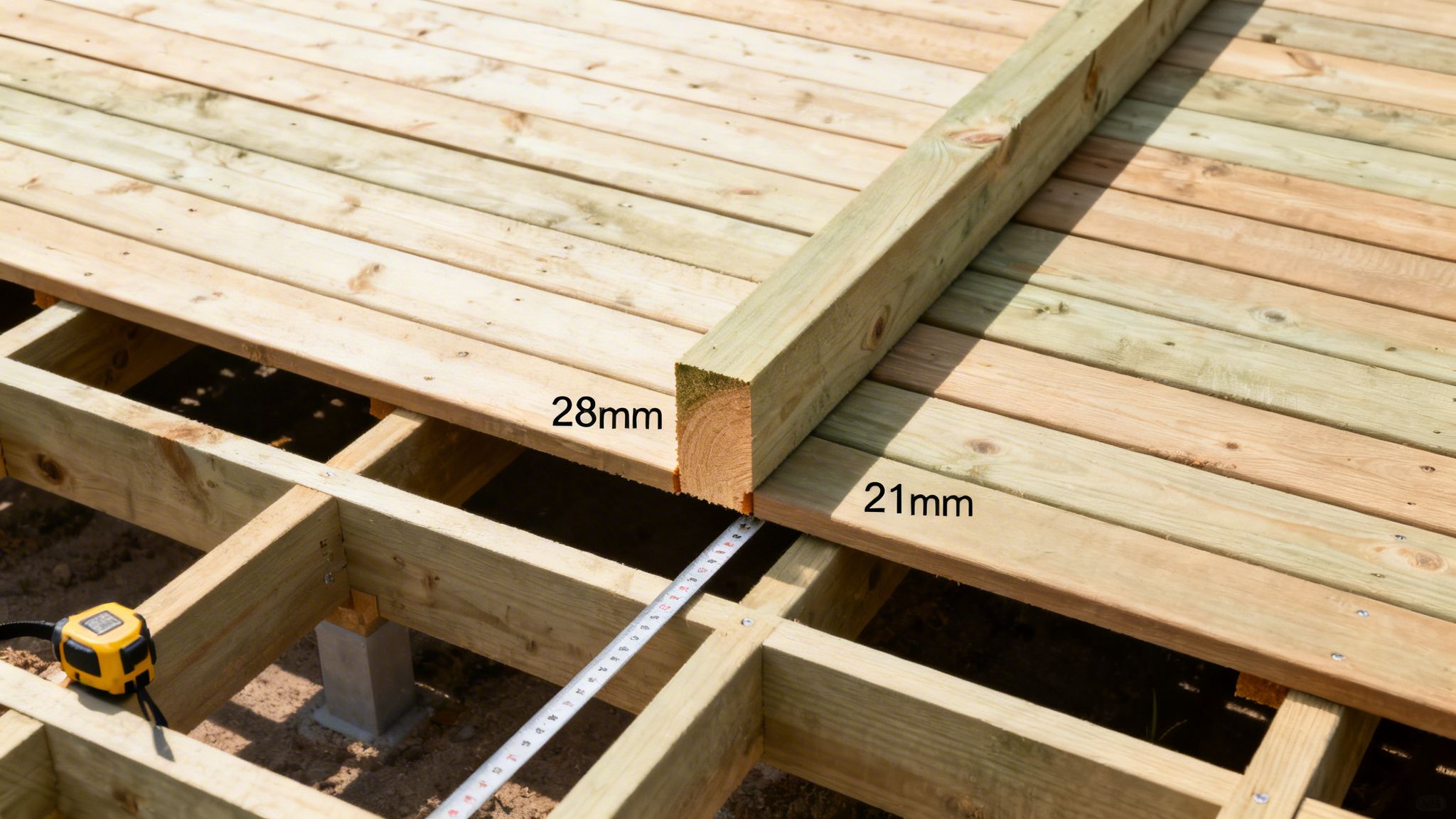 En oversigt over et træterrasseprojekt, der viser trykimprægnerede brædder i 28mm og 21mm tykkelse under konstruktion.
