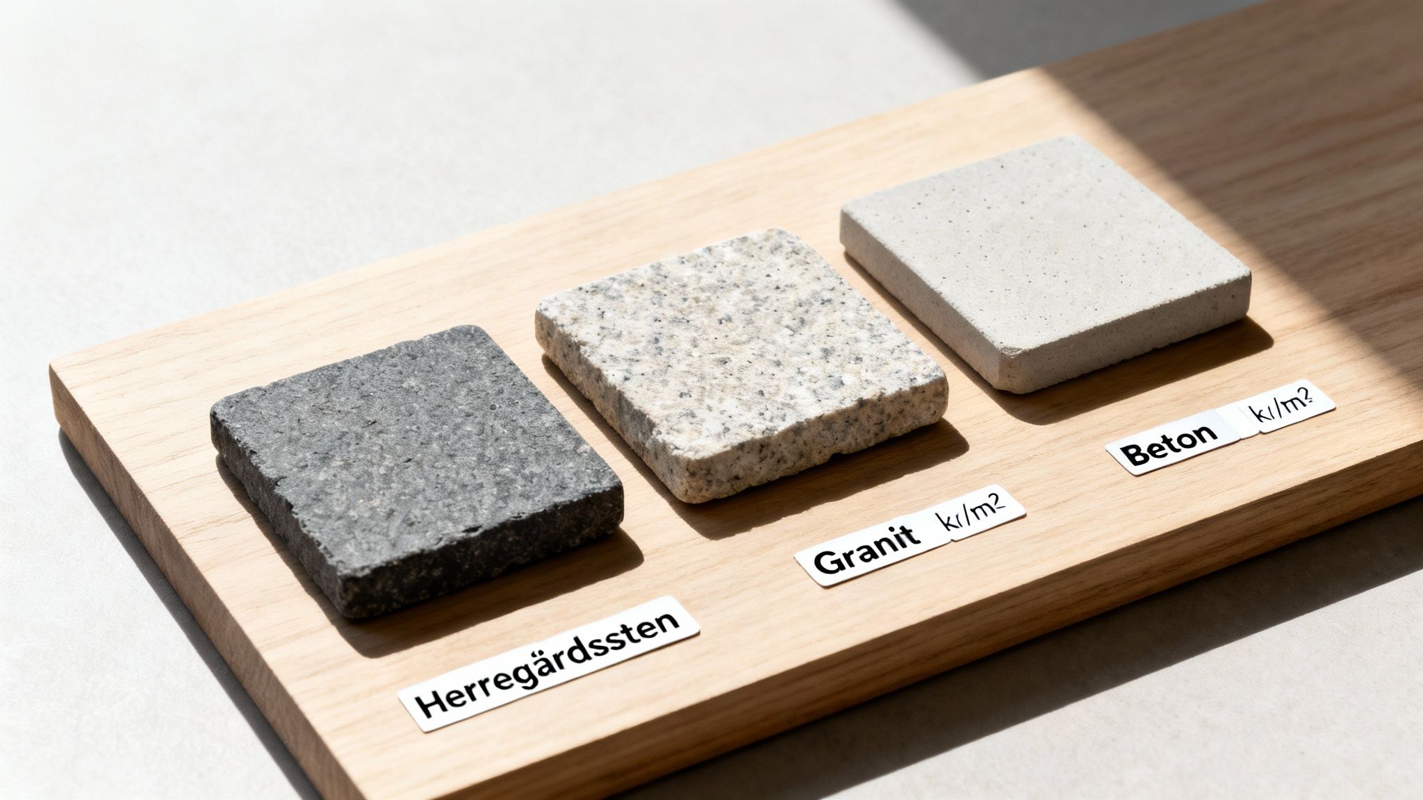 Tre prøver af belægningsmaterialer (herregårdssten, granit, beton) med etiketter på en træplade.