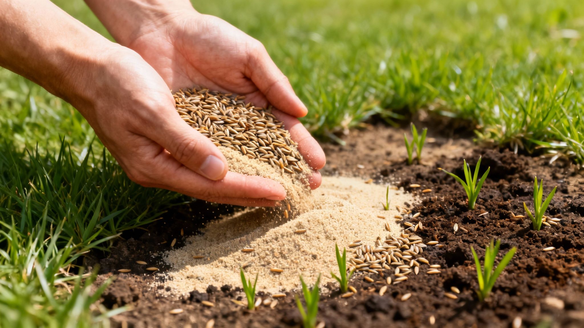 Hænder sår græsfrø og sand på en græsplæne med små græsskud for at fremme væksten.