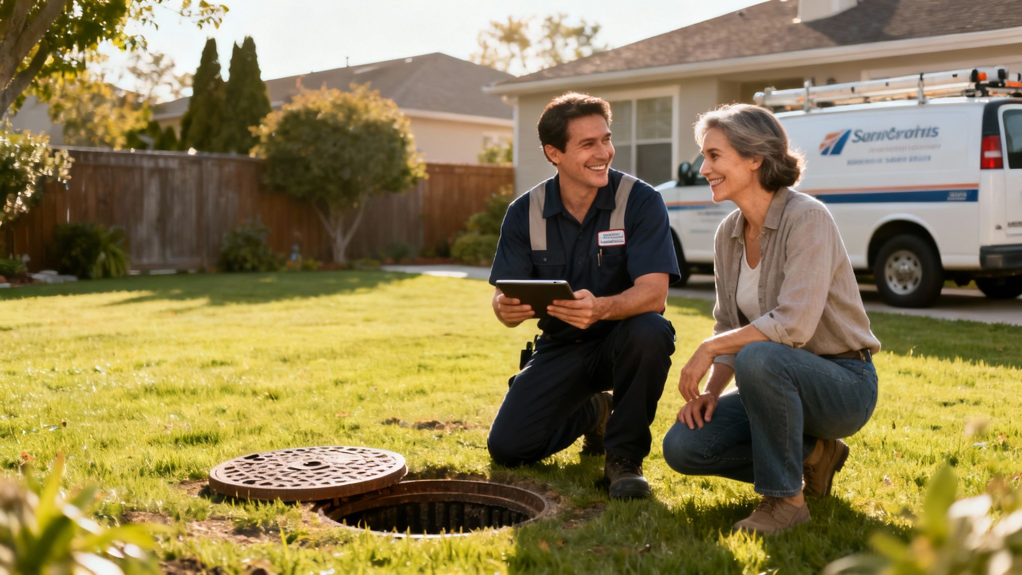En kloaktekniker og en kvinde knæler ved et åbent kloakdæksel i en have og smiler til hinanden.