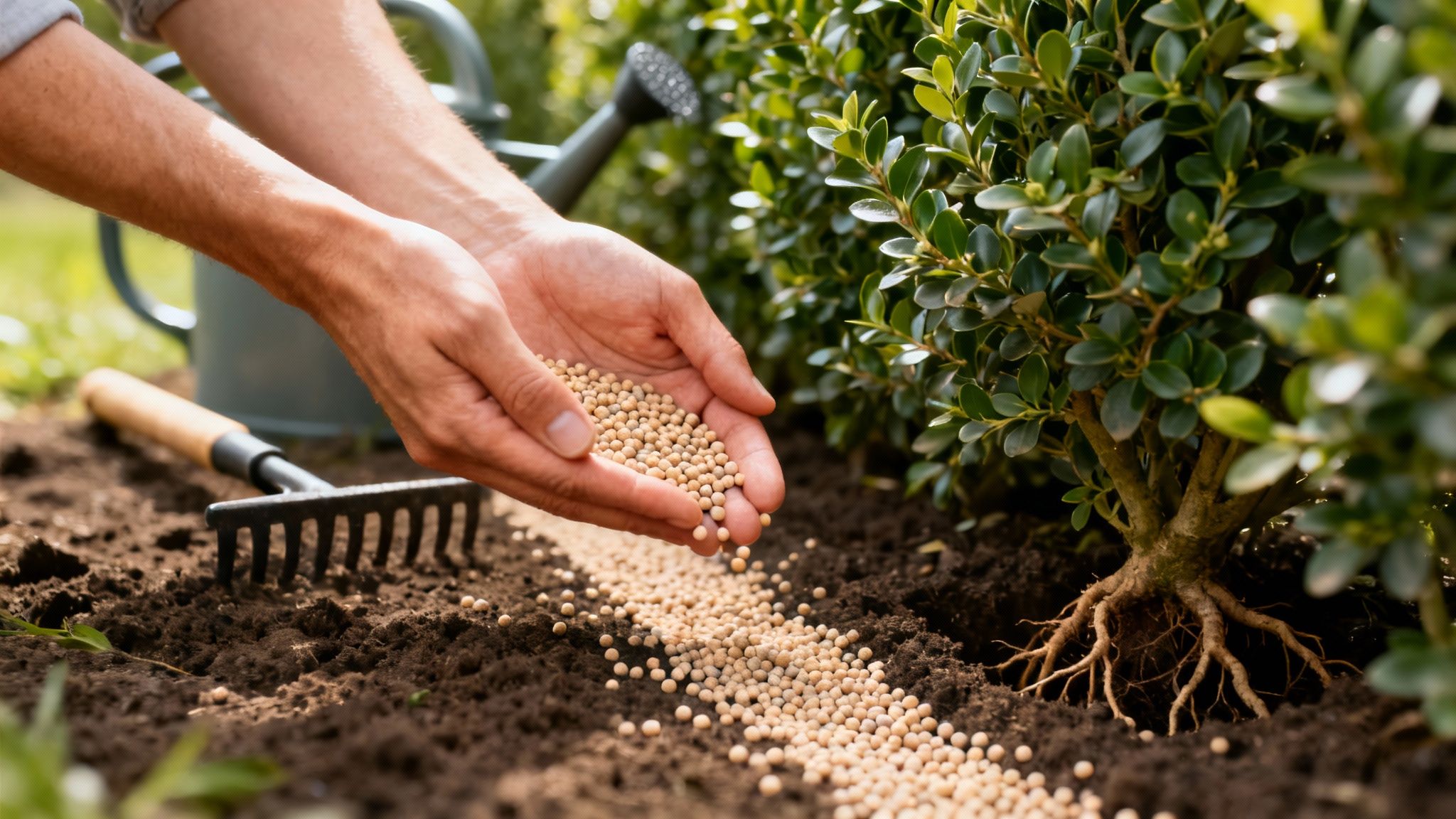 Hænder spreder granulatgødning ved roden af en ligusterhæk i en have.