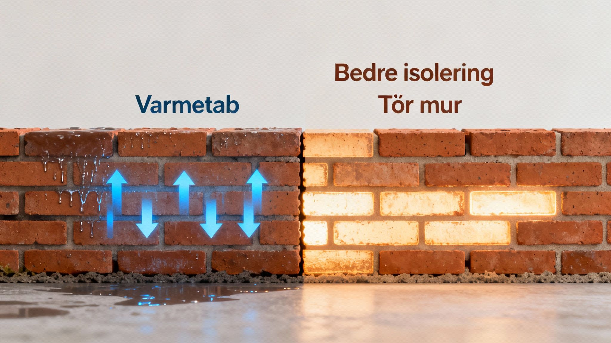 Visualisering af en murstensvæg: våd og kold til venstre, tør og godt isoleret til højre.