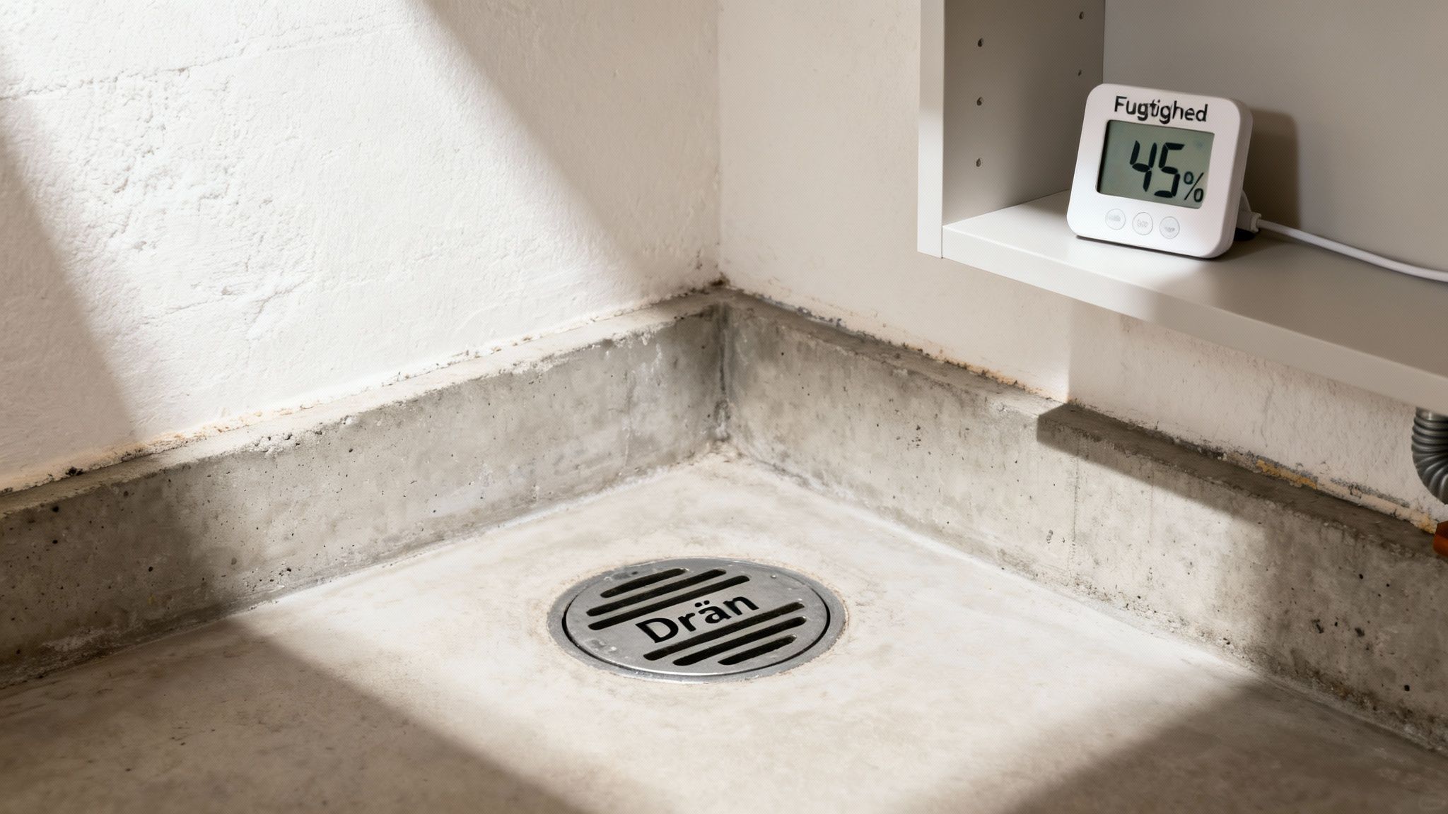 Gulvafløb i betonrum med fugtmåler, der viser 45% fugtighed. Synlig misfarvning ved væg.
