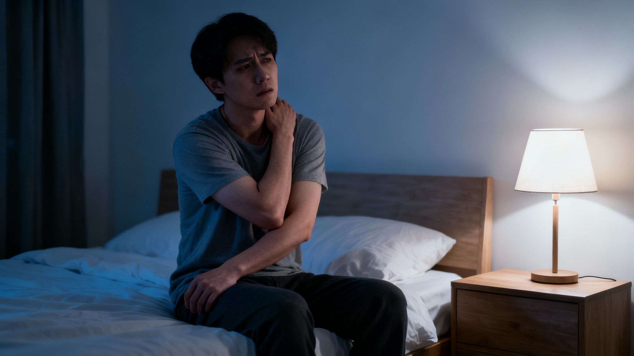 Ung mand med smerter i nakke og skulder sidder på sengen om natten og ser bekymret ud.