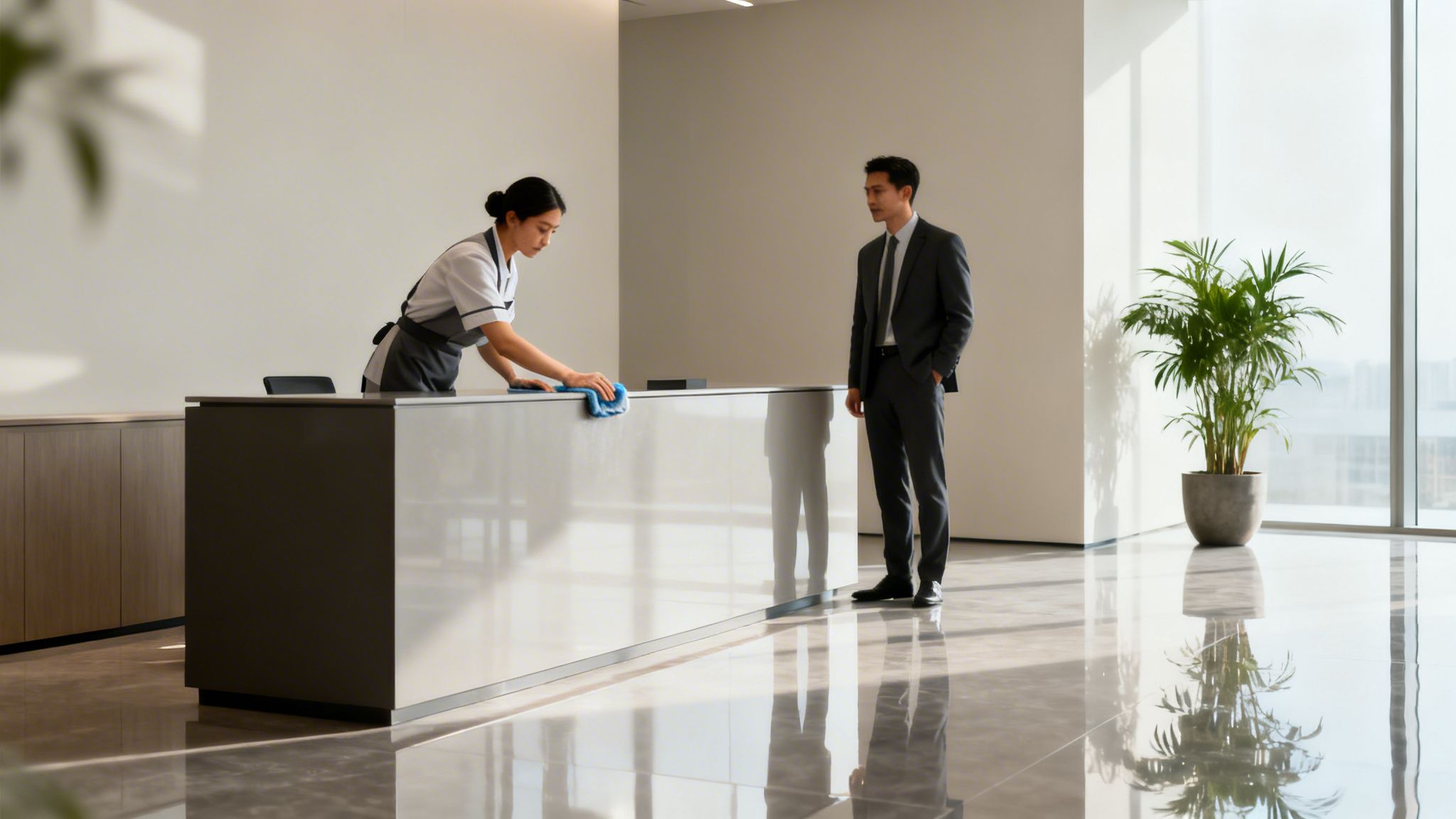 En kvindelig rengøringsmedarbejder tørrer en receptionsdisk af i et moderne kontor, mens en mand i jakkesæt observerer.