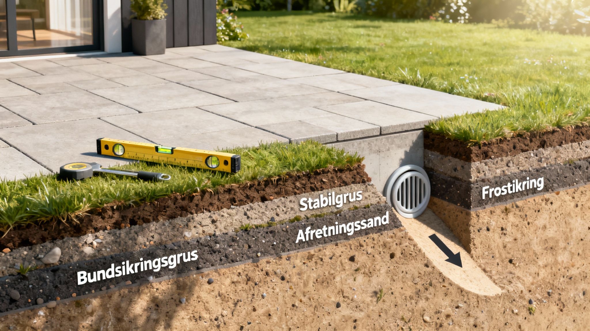 Detaljeret tværsnit af en terrassekonstruktion med dræning, jordlag og anlægsværktøj.
