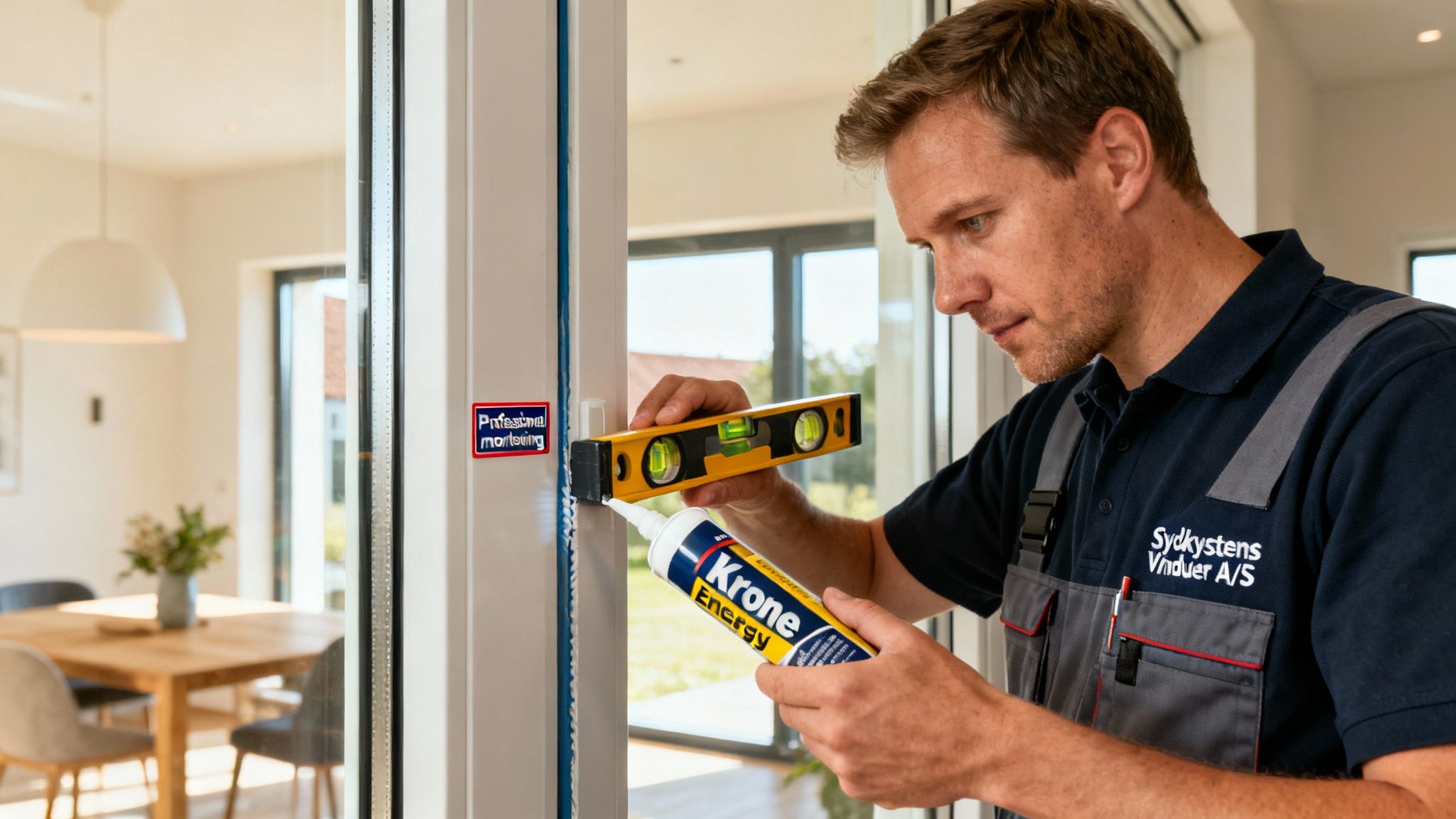 En håndværker fra Sydkystens Vinduer A/S justerer et vindue med et vaterpas og Krone Energy fugemasse.
