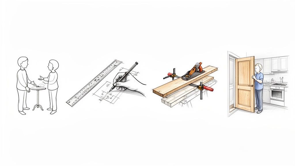 Fire illustrationer viser processen fra diskussion og planlægning til træbearbejdning og montering af en dør i et køkken.