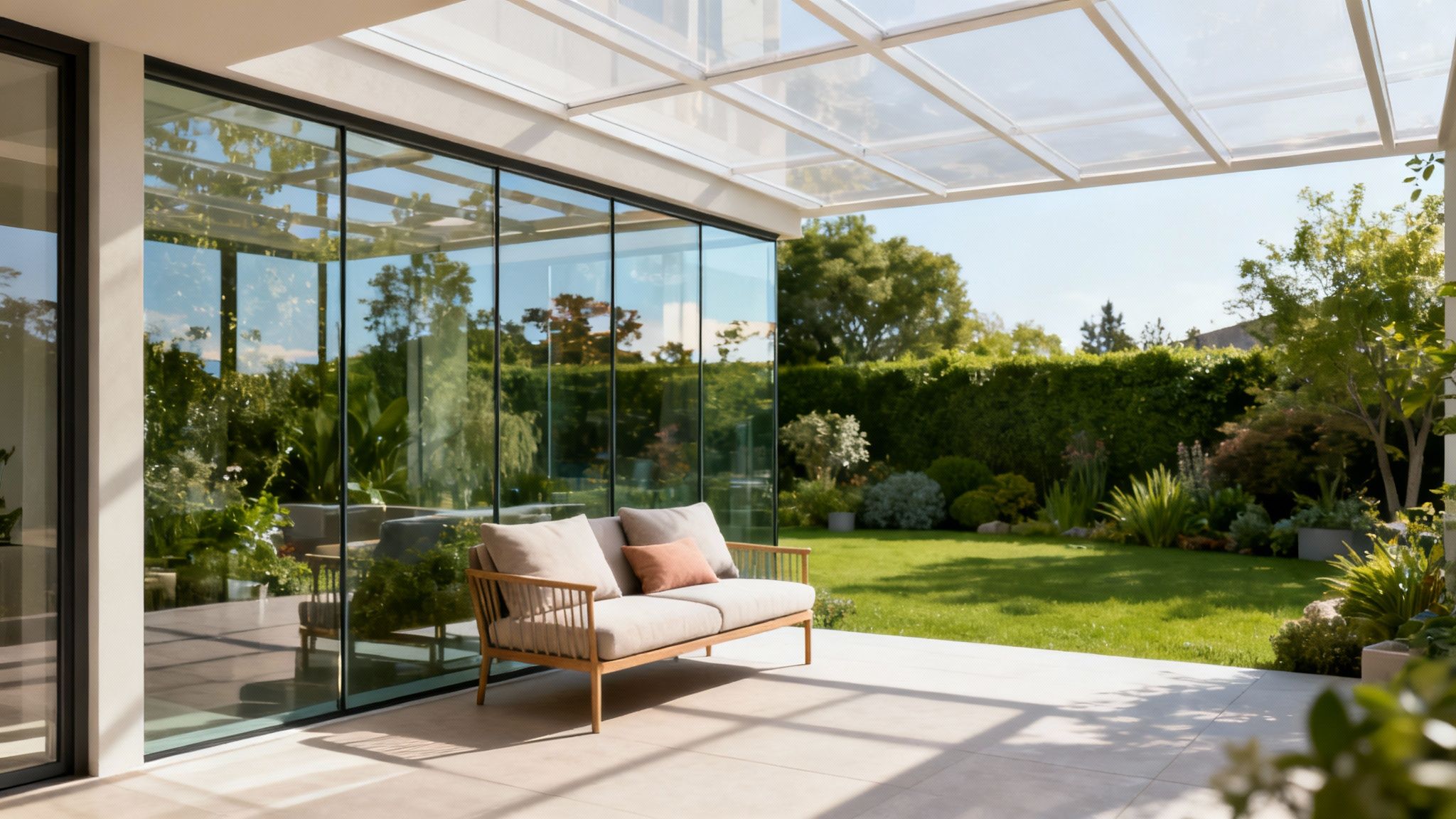 Moderne overdækket terrasse med store glasdøre, en komfortabel sofa og udsigt til en grøn have.