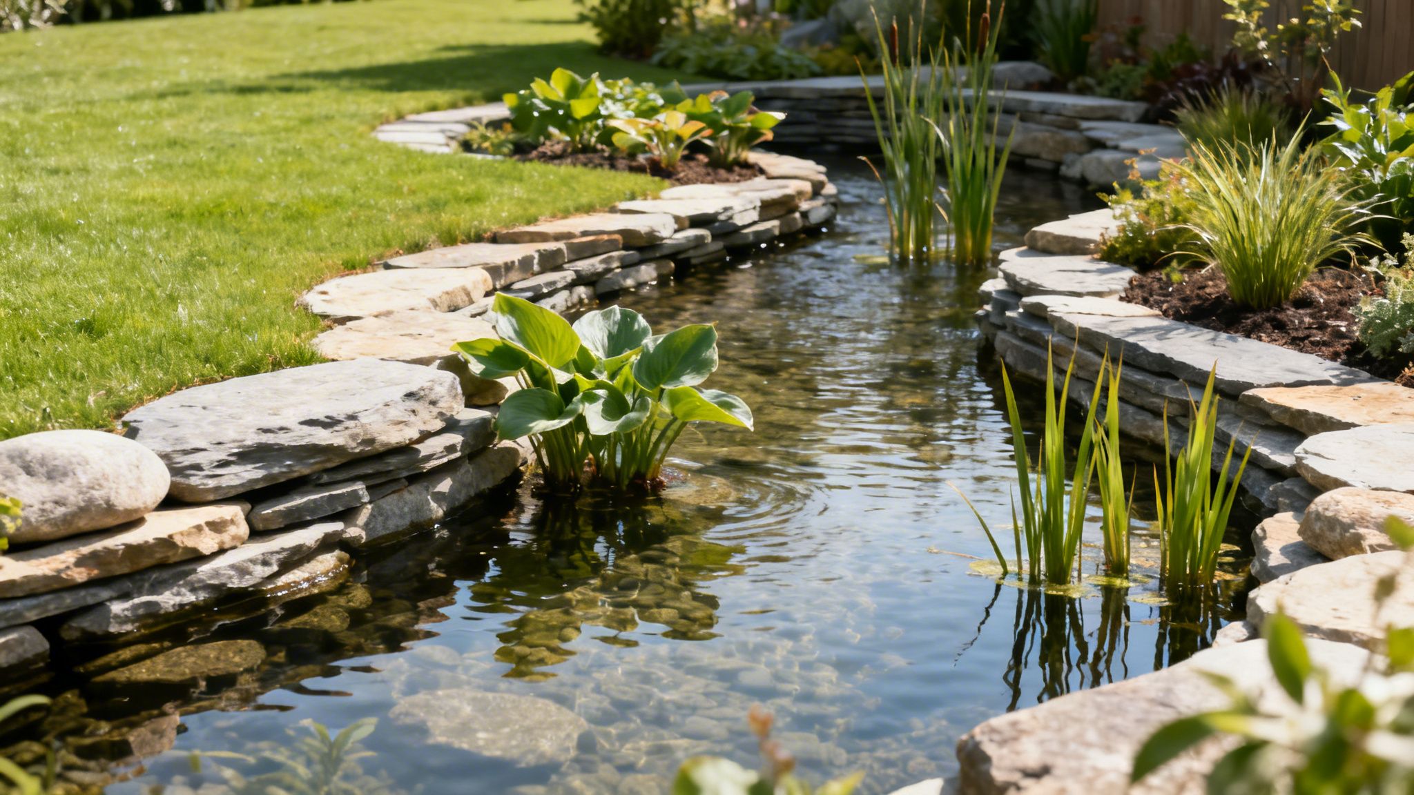 Et velplejet havevandløb med stenbelagte kanter og grønne vandplanter på en solrig dag.