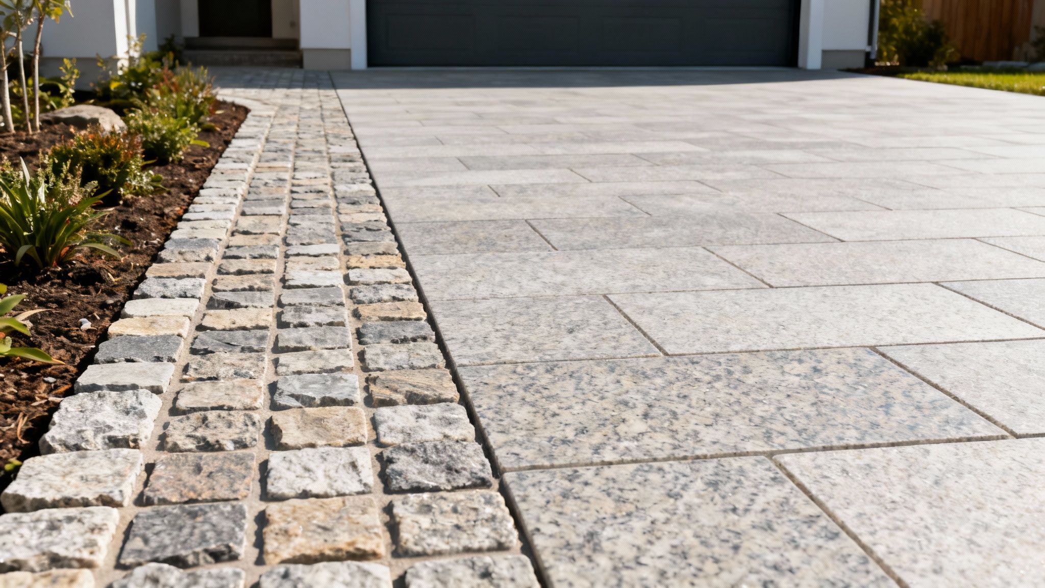 Moderne indkørsel med lyse granitfliser og en dekorativ kant af brosten, omgivet af have.