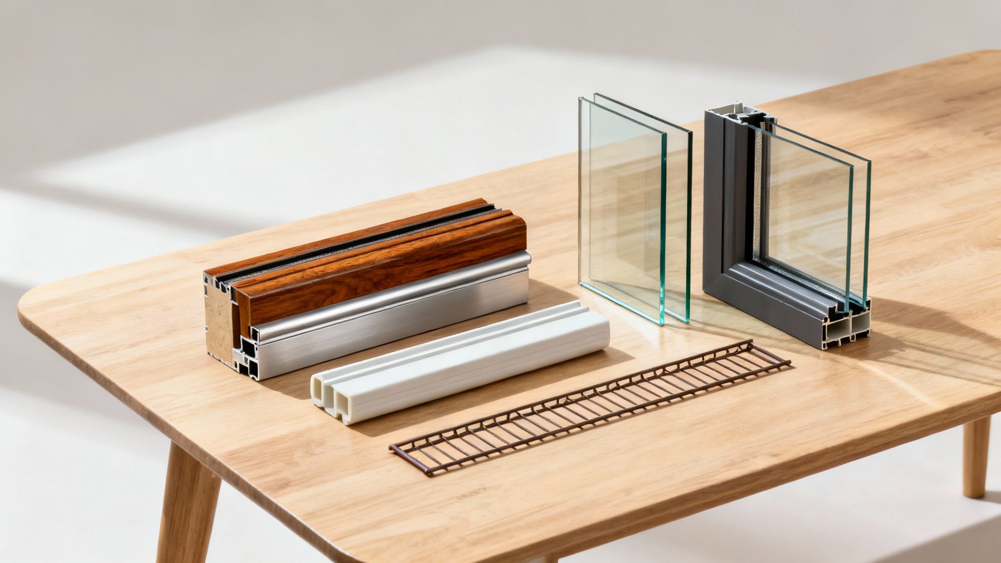 Nærbillede af vinduesprofiler og glas på et træbord, der viser materialer og konstruktion.