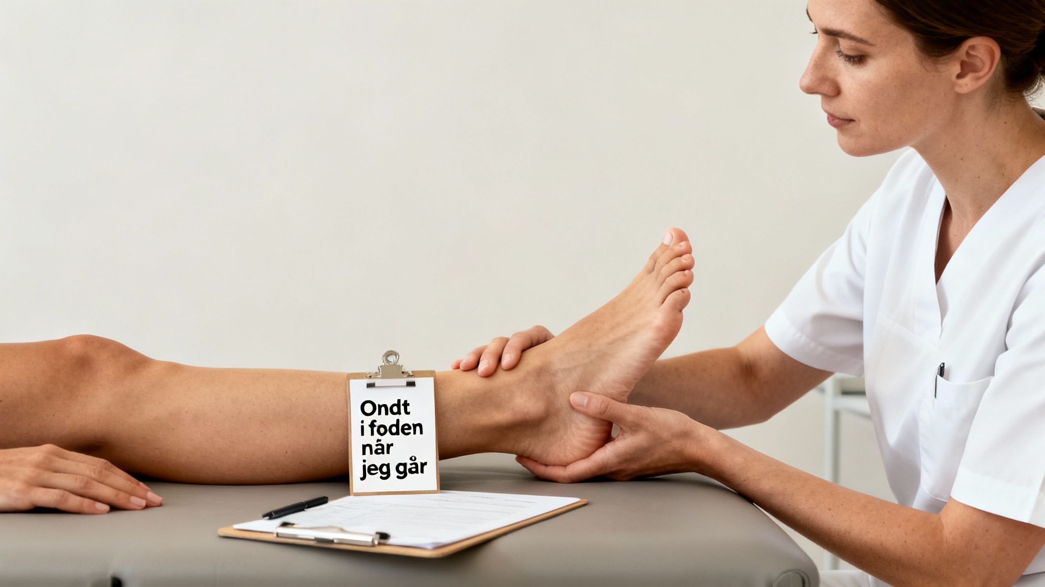 En fysioterapeut undersøger en patients fod, der lider af smerter ved gang.