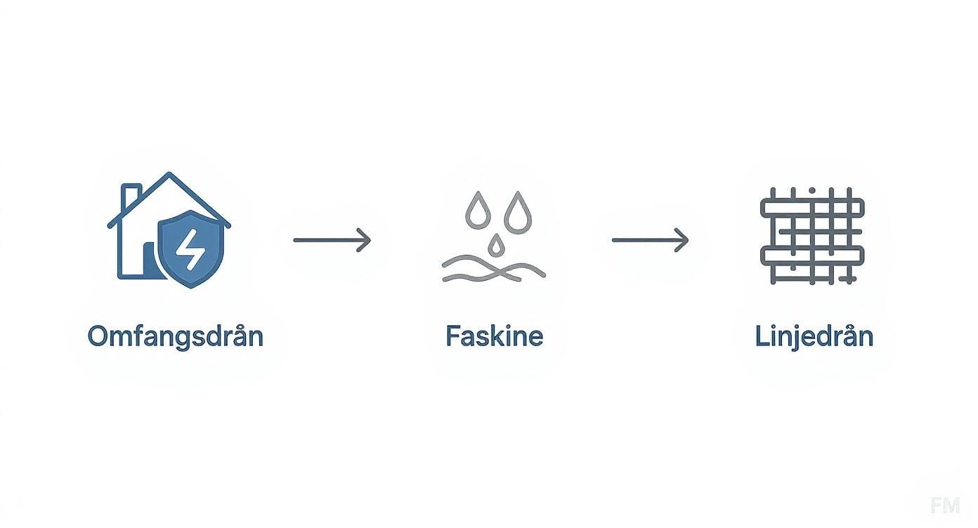 Illustration, der viser processen for vandhåndtering: fra omfangsdræn ved huset til faskine og videre til linjedræn.