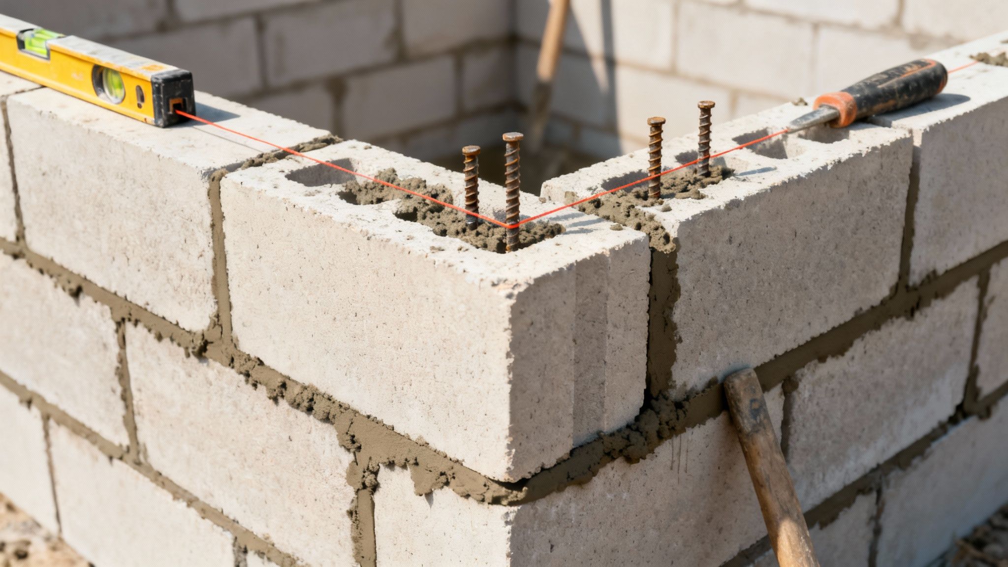 En delvis opmuret mur af lecablokke med et vaterpas, snor og armeringsjern under konstruktion.