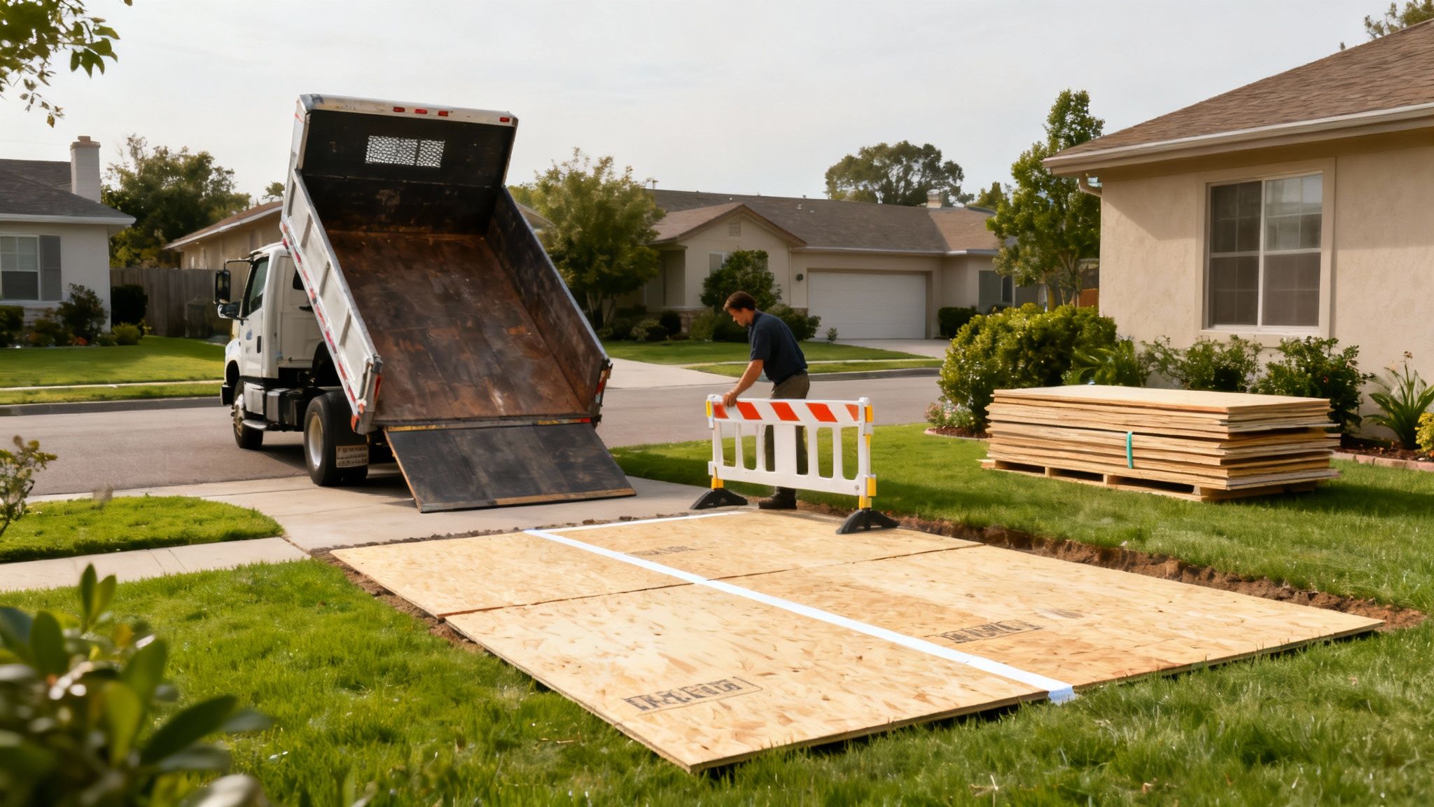 Lastbil leverer byggematerialer og plywood plader til boligbyggeprojekt i forstad