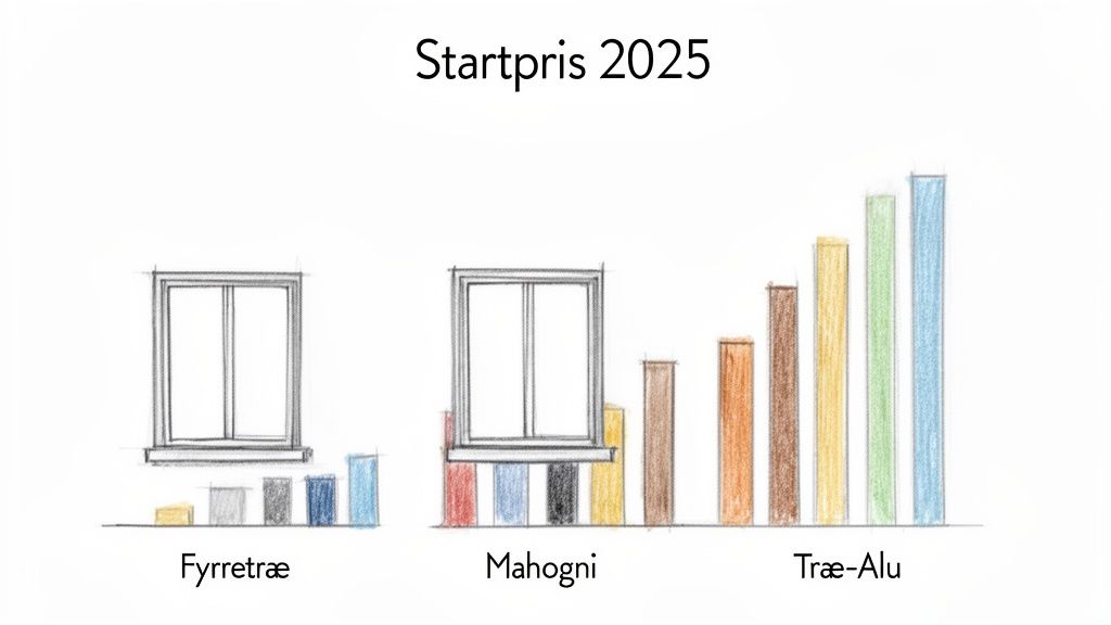 Diagram over startpriser 2025 for vinduer i fyrretræ, mahogni og træ-alu, der viser stigende omkostninger.