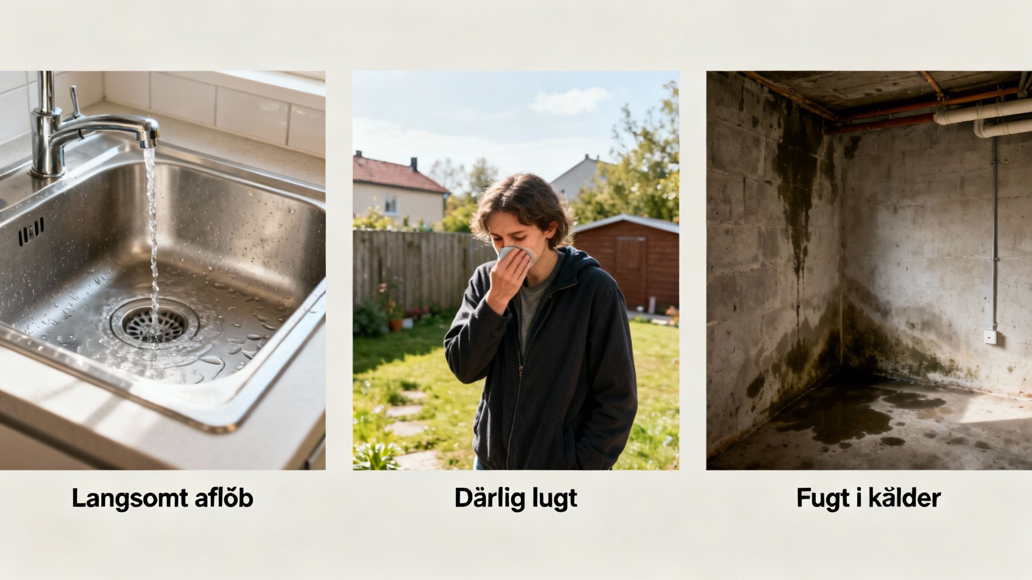 Billede viser tre almindelige husholdningsproblemer: et langsomt afløb, en person med dårlig lugt og fugt i en kælder.