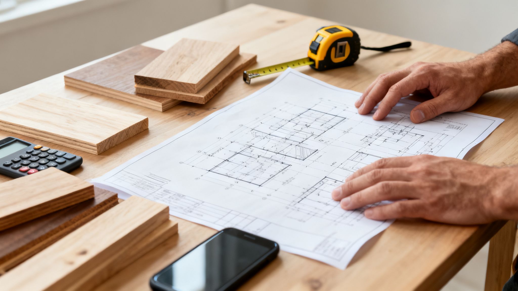 Hænder gennemgår byggeplaner på træbord med træprøver, målebånd, lommeregner og telefon.