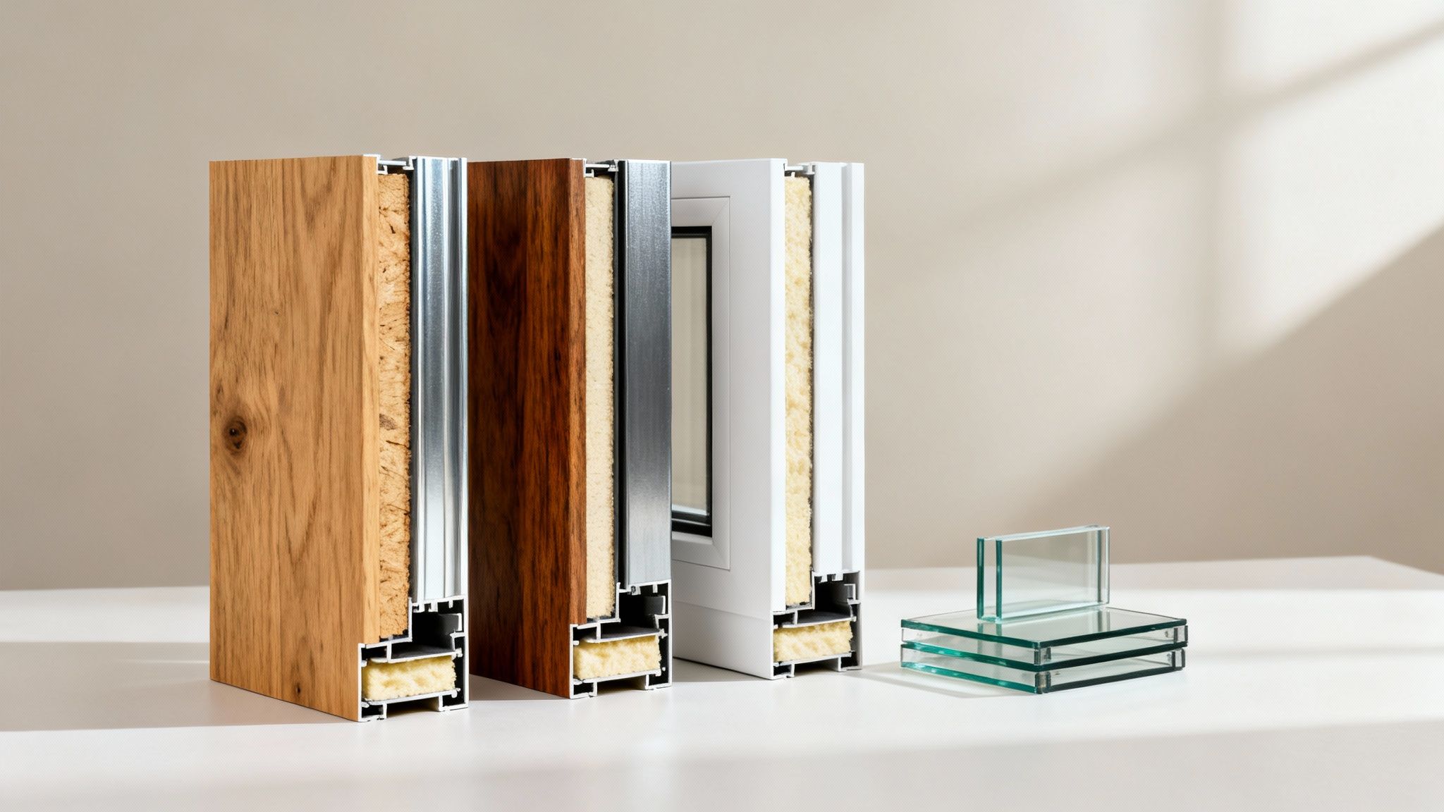 Nærbillede af tværsnit af vindues- og dørprofiler i forskellige materialer og isolering med stablet glas.