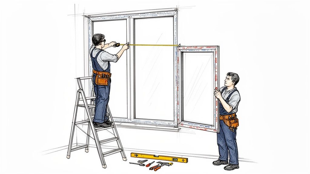 To mænd måler og installerer et vindue. En står på en stige med målebånd, den anden holder vinduesrammen. Værktøj ligger på gulvet.