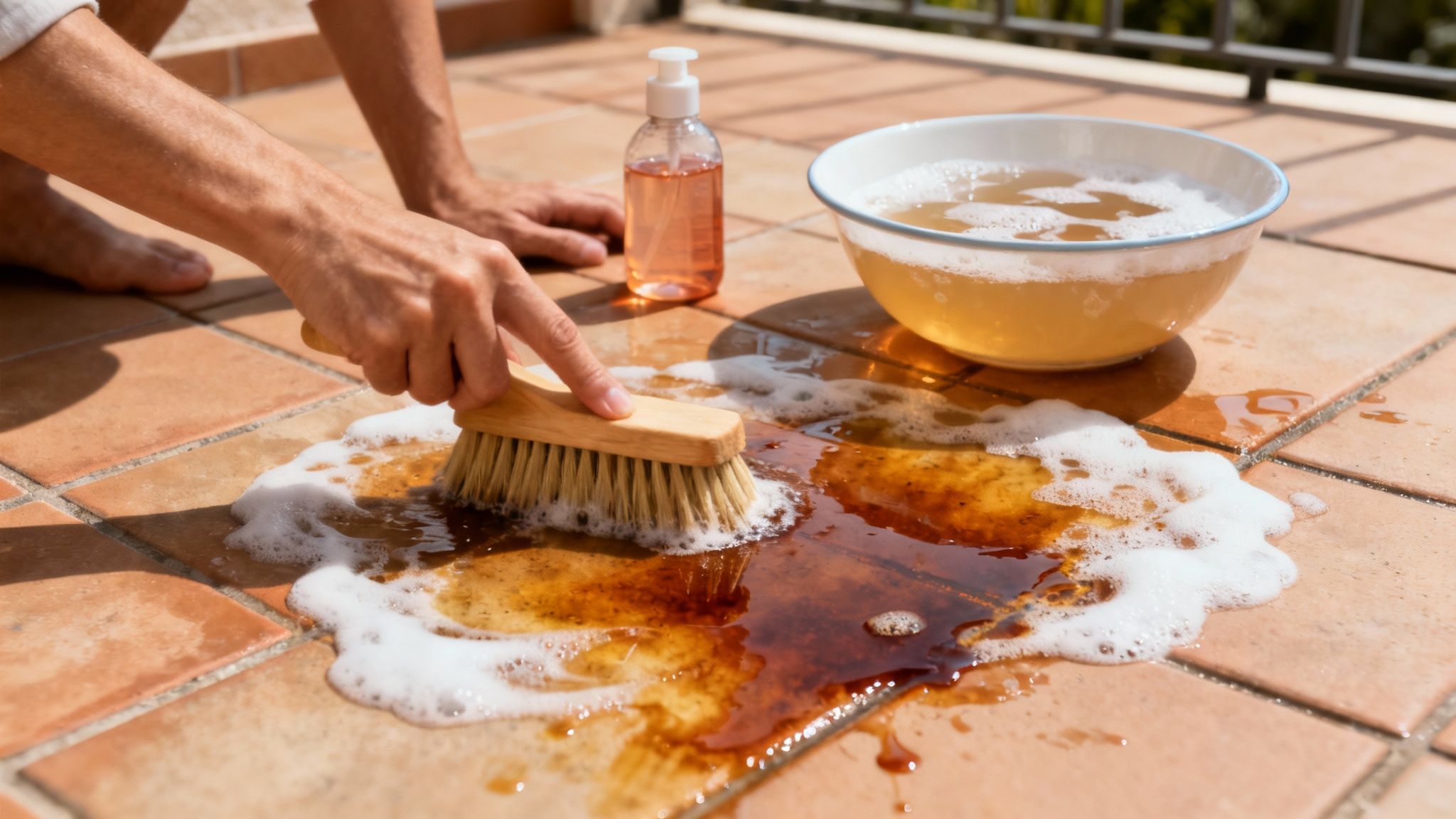 En person blander opvaskemiddel i en spand med varmt vand.