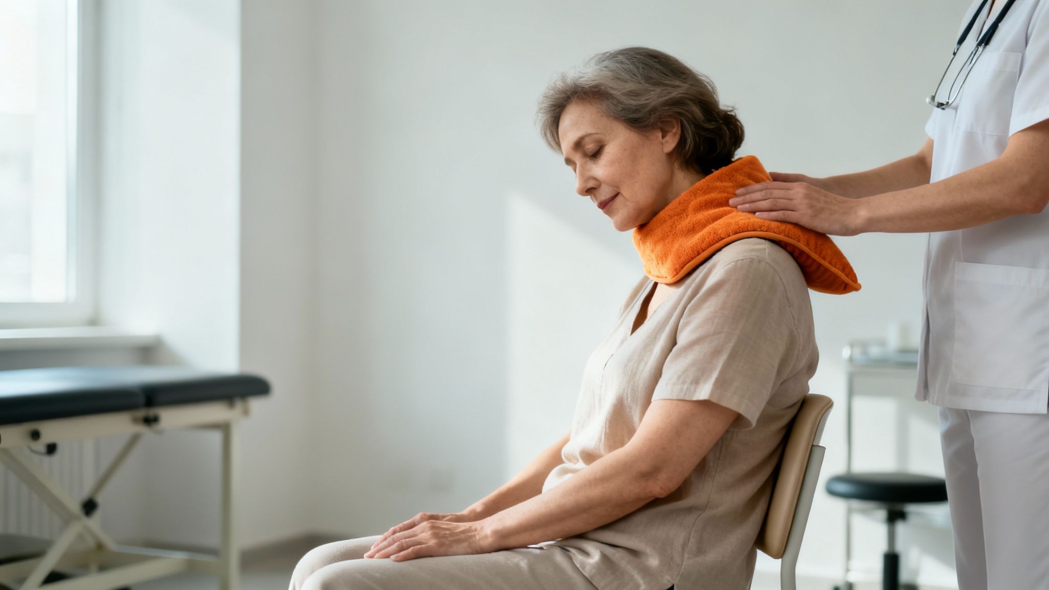 En ældre kvinde får lindring af nakkesmerter med en varmepude assisteret af en sundhedsperson.