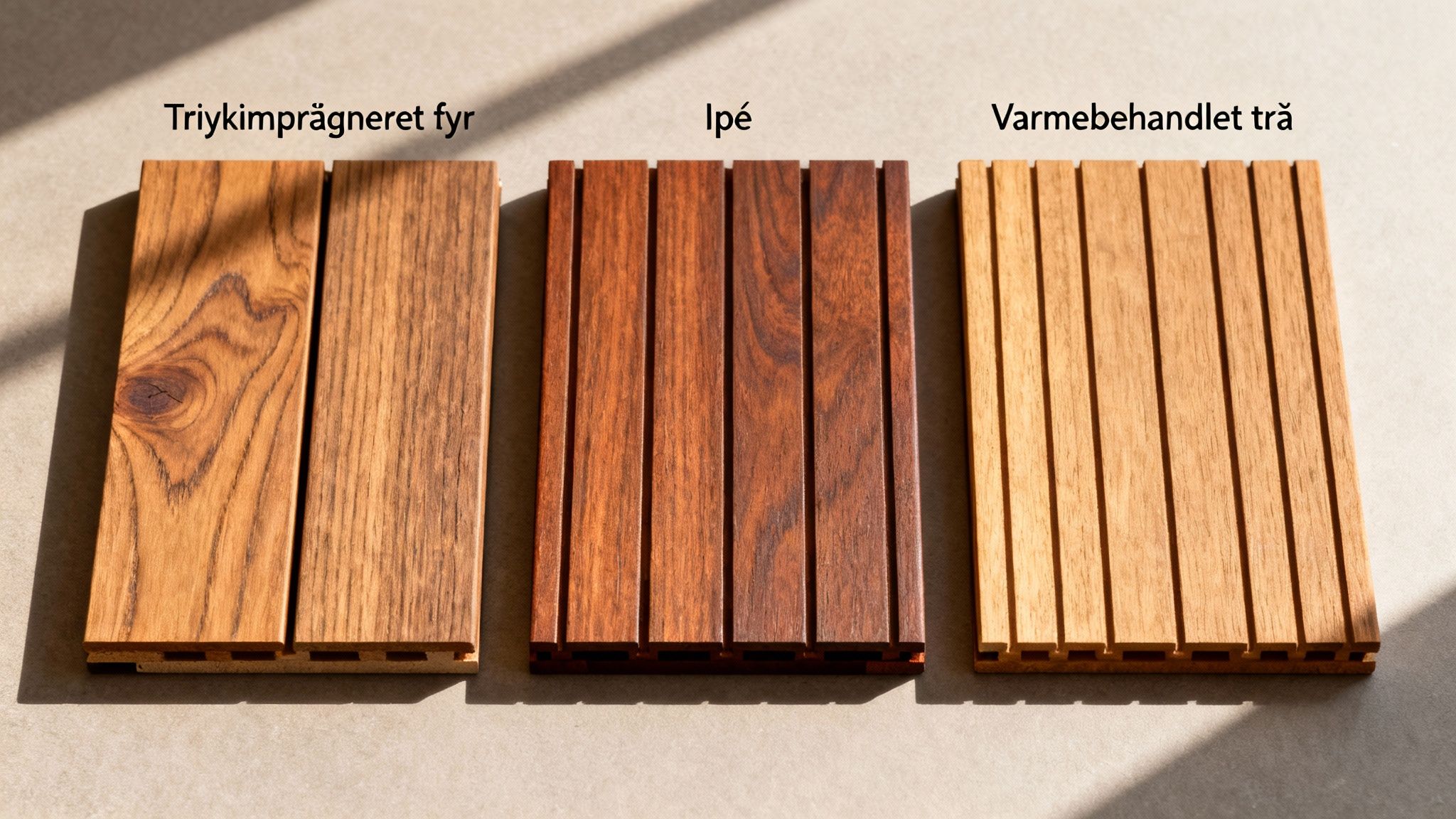 Tre forskellige typer træ til terrasser: trykimprægneret fyr, Ipé og varmebehandlet træ, set ovenfra.