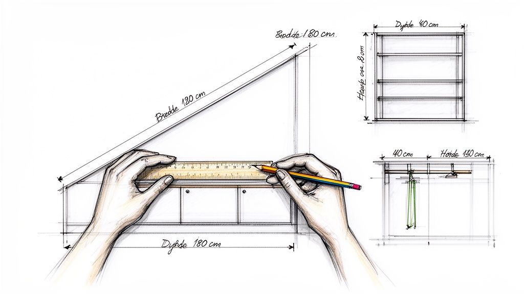 Skitser af skræddersyet skab til skråvæg, med mål for bredde, dybde og højde.