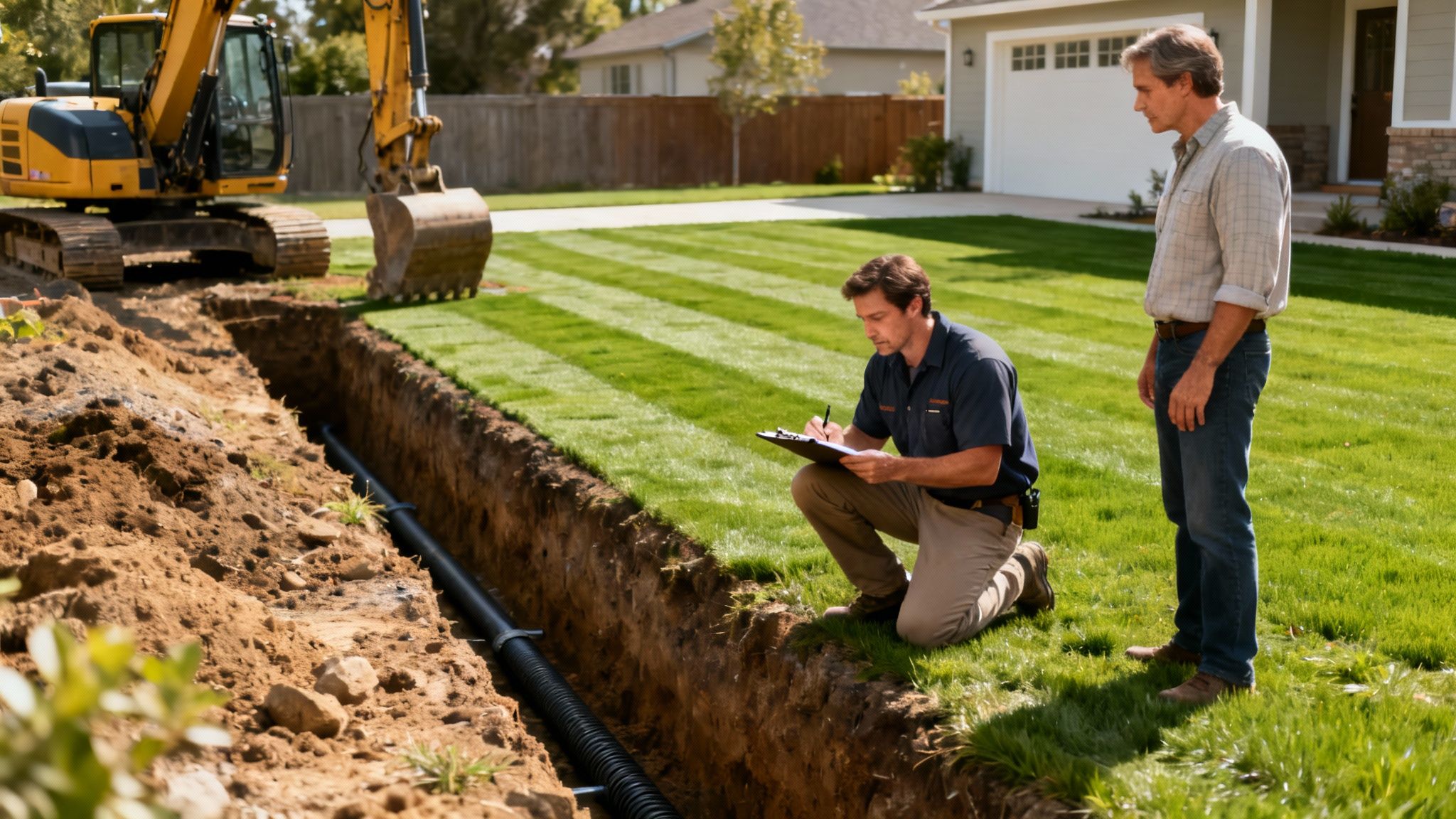 Mænd inspicerer en udgravning med drænrør og gravemaskine foran et hus.