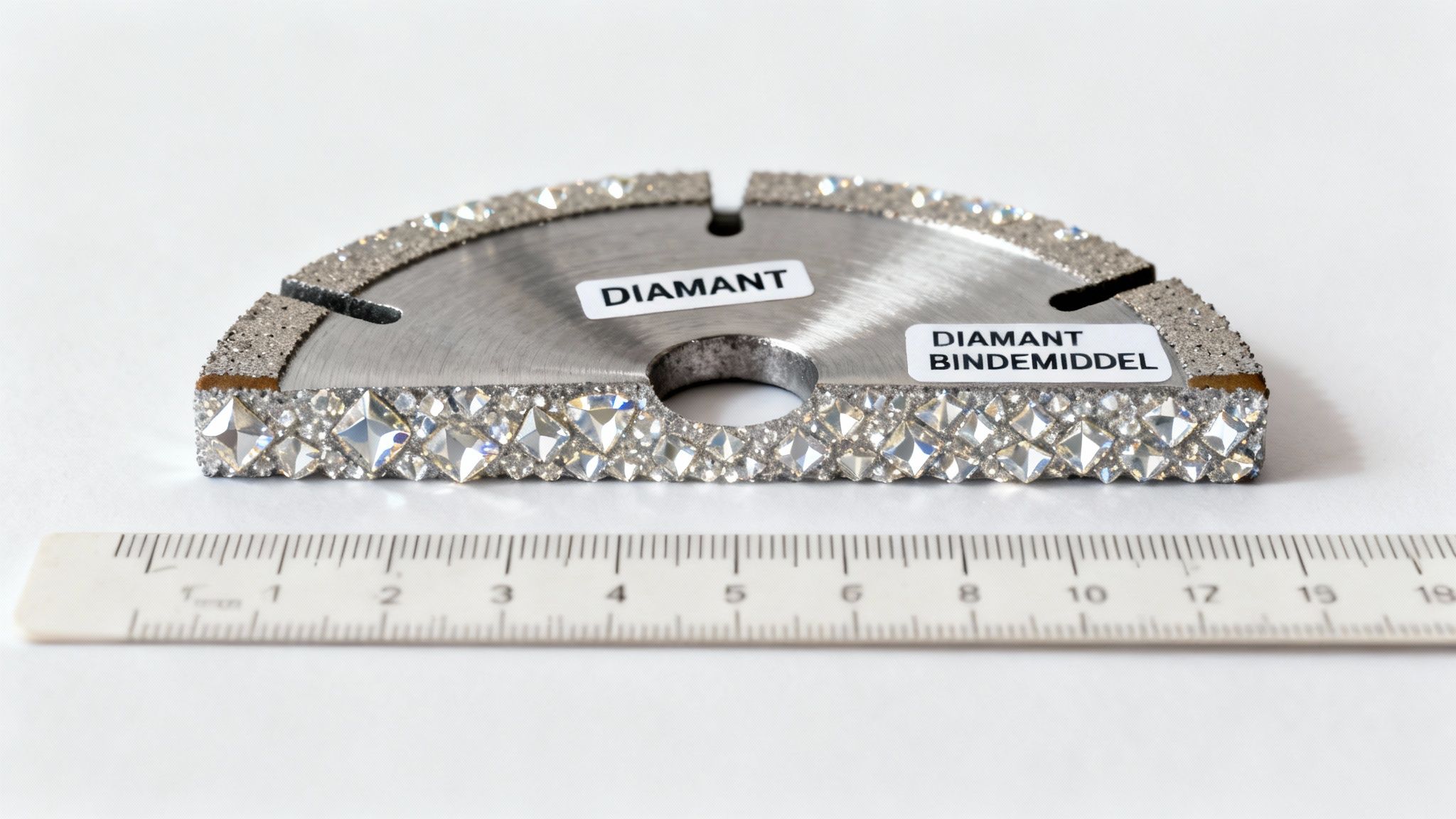 Detaljeret billede af en diamantskæreskive med slibende diamantsegmenter og en lineal for størrelse.