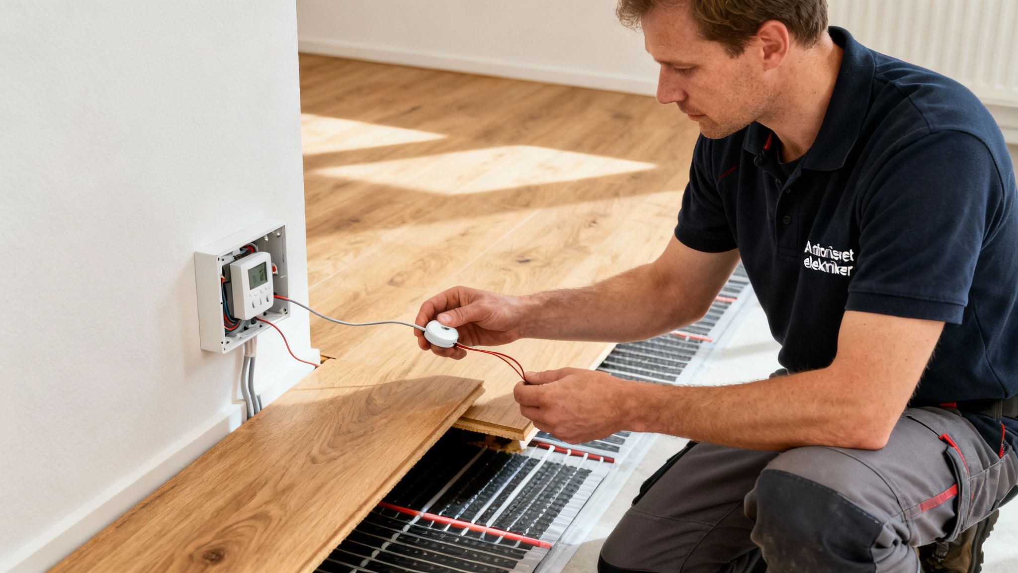 En elektriker installerer gulvvarme og tilslutter termostat under et nyt trægulv.
