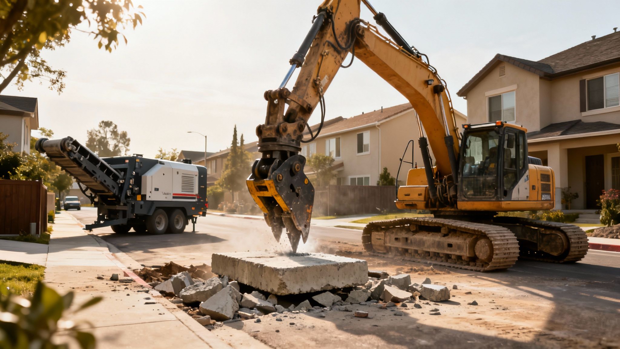 Gravemaskine bryder beton på en villavej, med en mobil knuser i baggrunden under sollys.