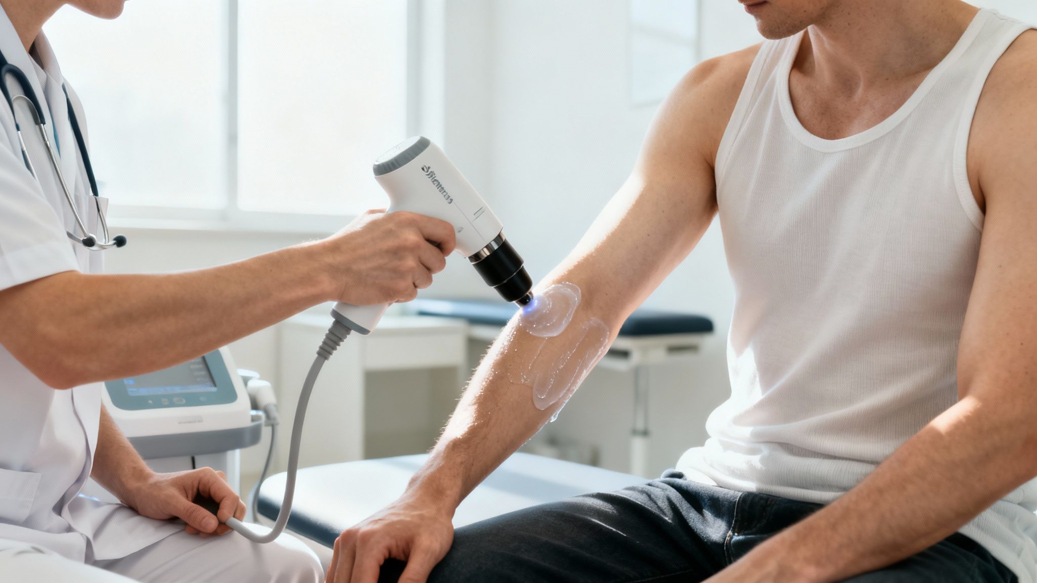 En terapeut behandler en mands albue med en chokbølgeenhed og terapeutisk gel.