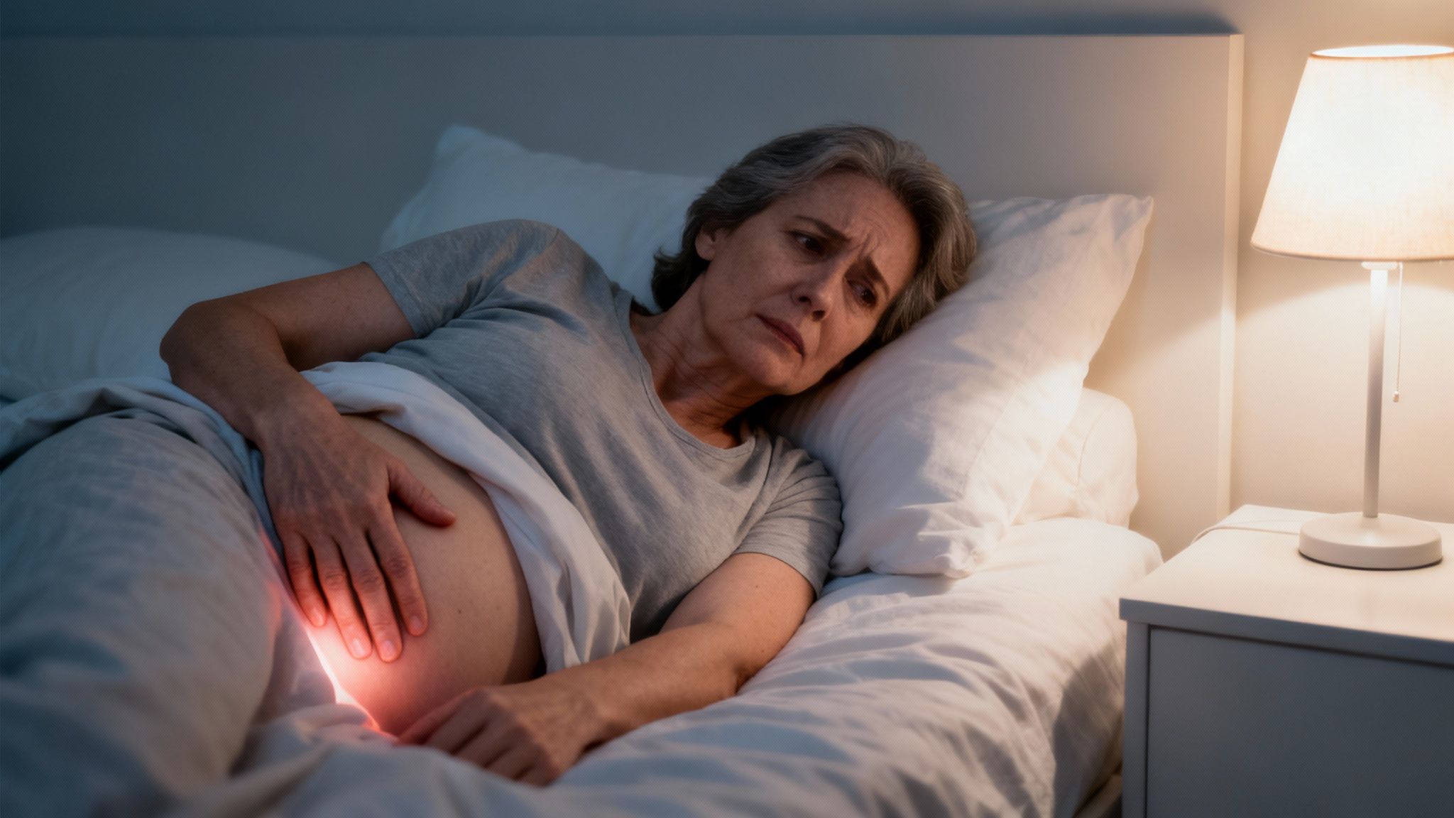 En ældre kvinde ligger i sengen om natten med tydelige hoftesmerter og et bekymret udtryk.
