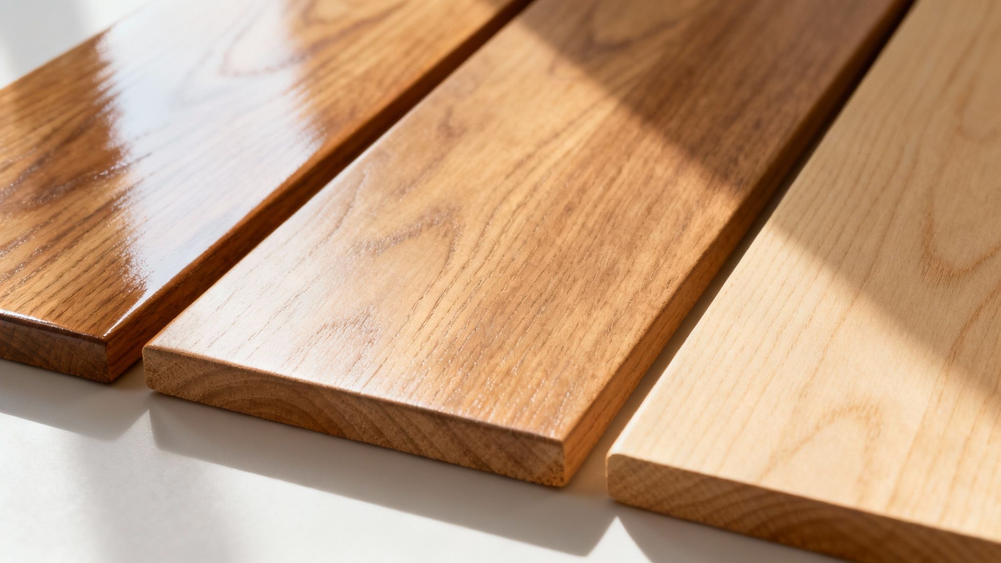 Tre træprøver med forskellige finish; en mørk og blank, en mellemfarvet og mat, og en lys træsort.