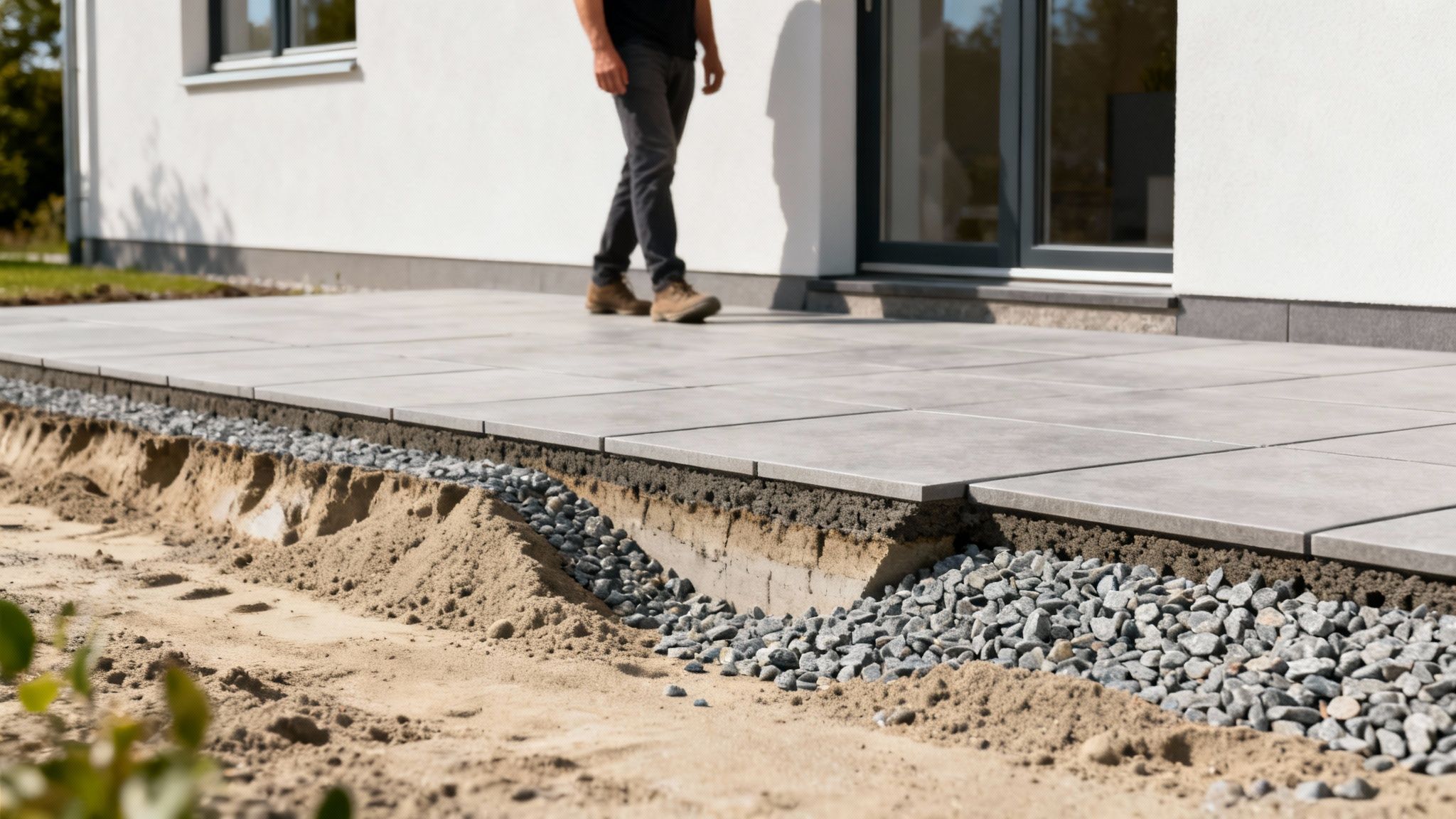 En illustration der viser de forskellige lag i opbygningen af et solidt fundament for fliser, fra udgravning til afretningssand.