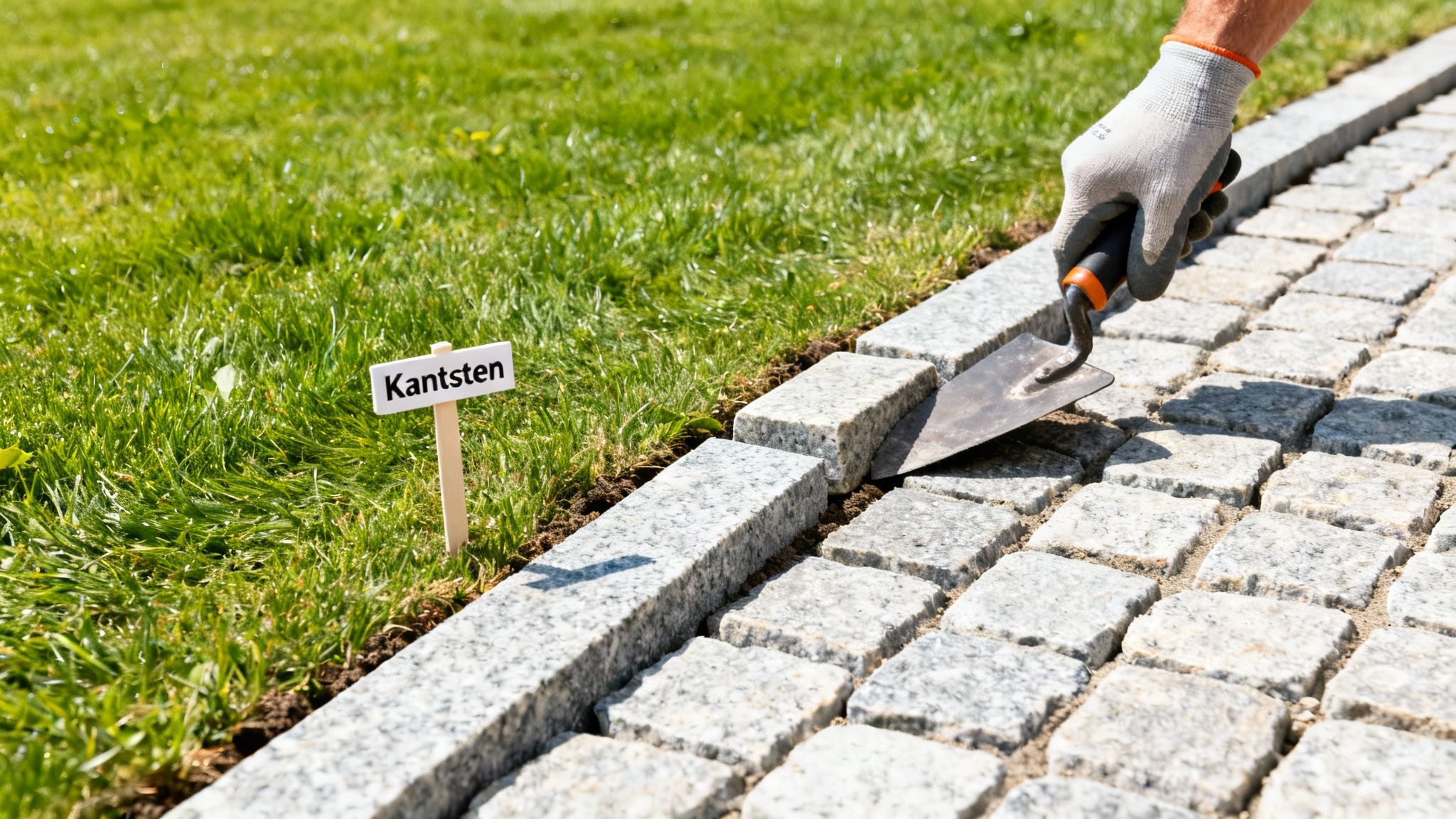 En person lægger en gangsti af granitbrosten med kantsten i en grøn have på en solskinsdag.