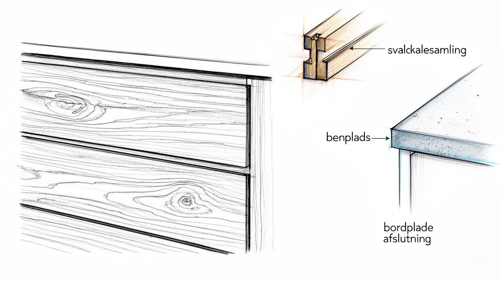 Detaljerede skitser af træmøbler, der viser samlinger, benplads og finish på bordplader og skuffer.