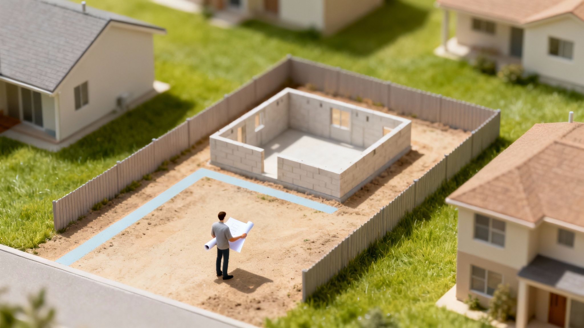 Mand med byggeplaner på en byggegrund, hvor fundamentet til et hus er lagt. Miniaturemodel.