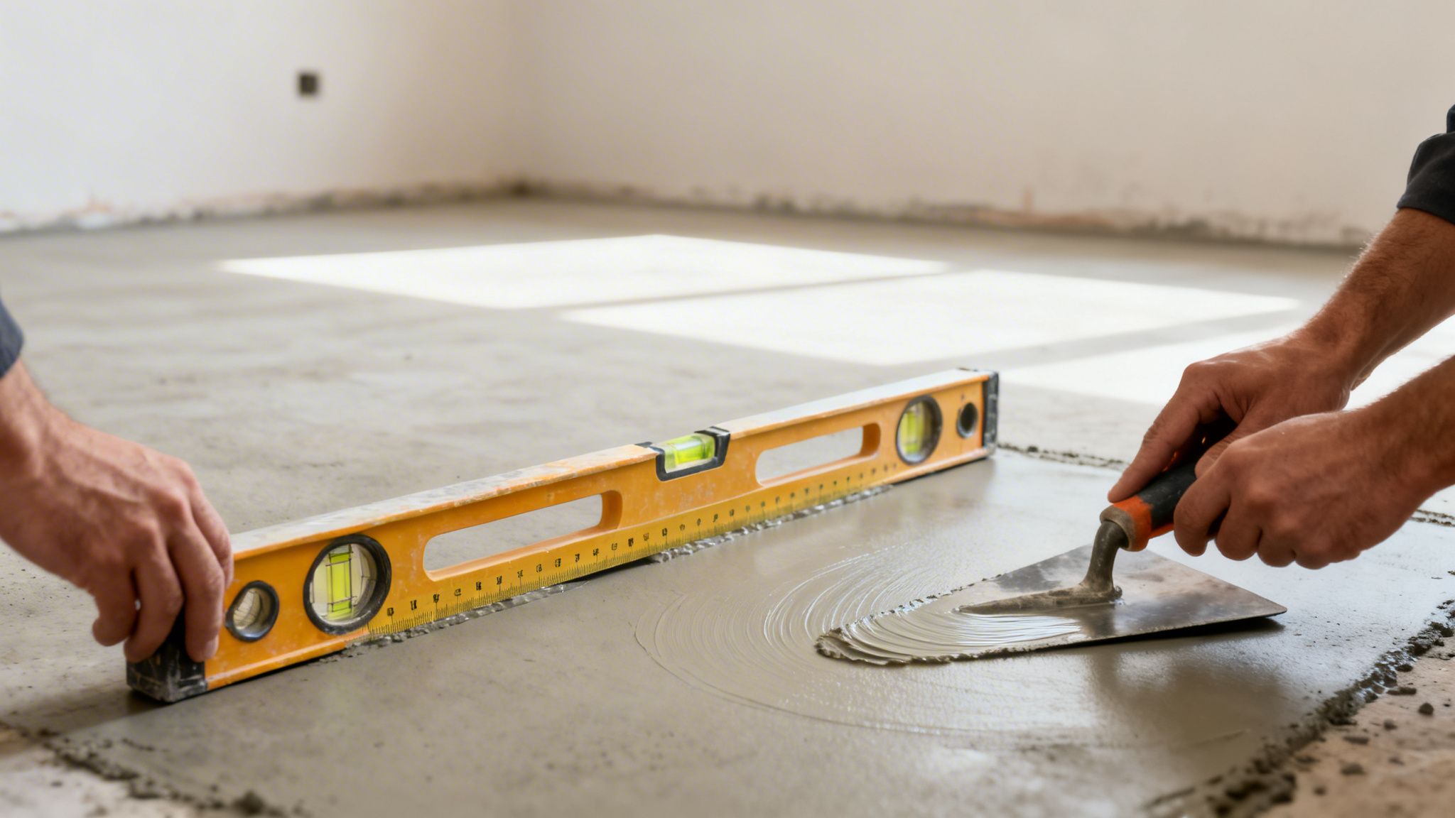 Hænder bruger et vaterpas og murske til at jævne et nyt betongulv under en byggeproces.
