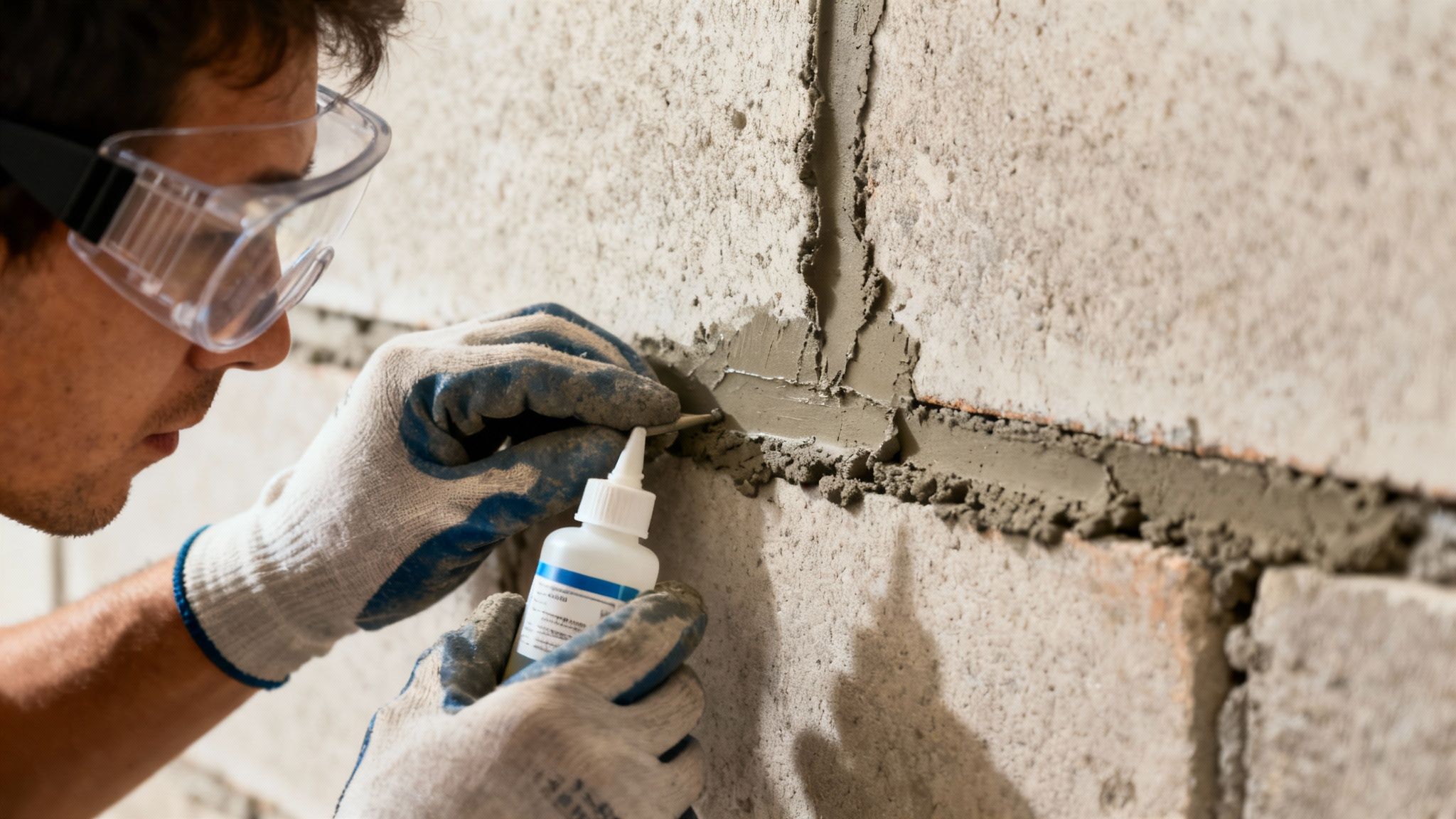 En person med sikkerhedsbriller og handsker reparerer murværk og påfører fugeforsegling.