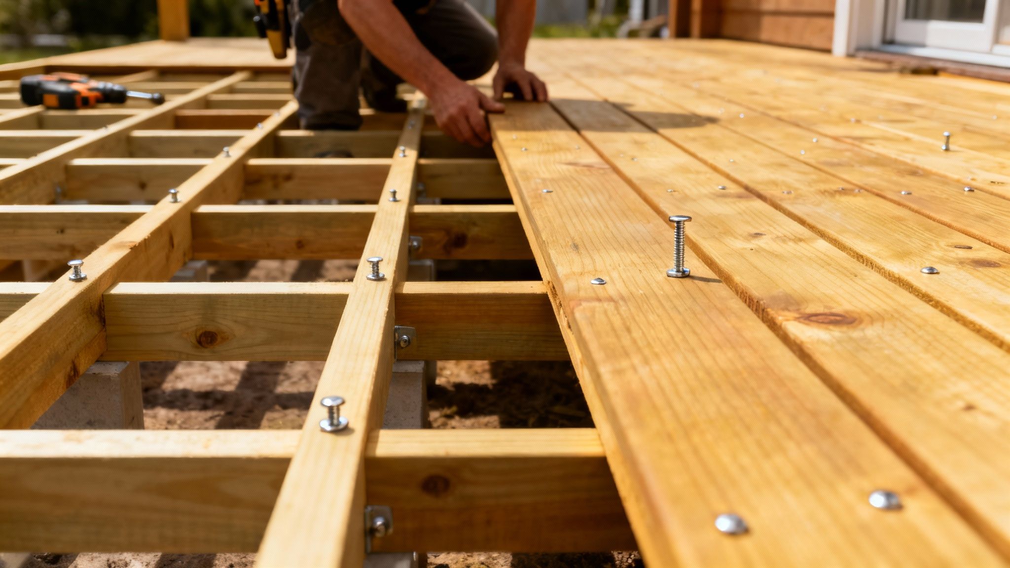 En professionel tømrer monterer terrassebræder i sibirisk lærk med præcision.
