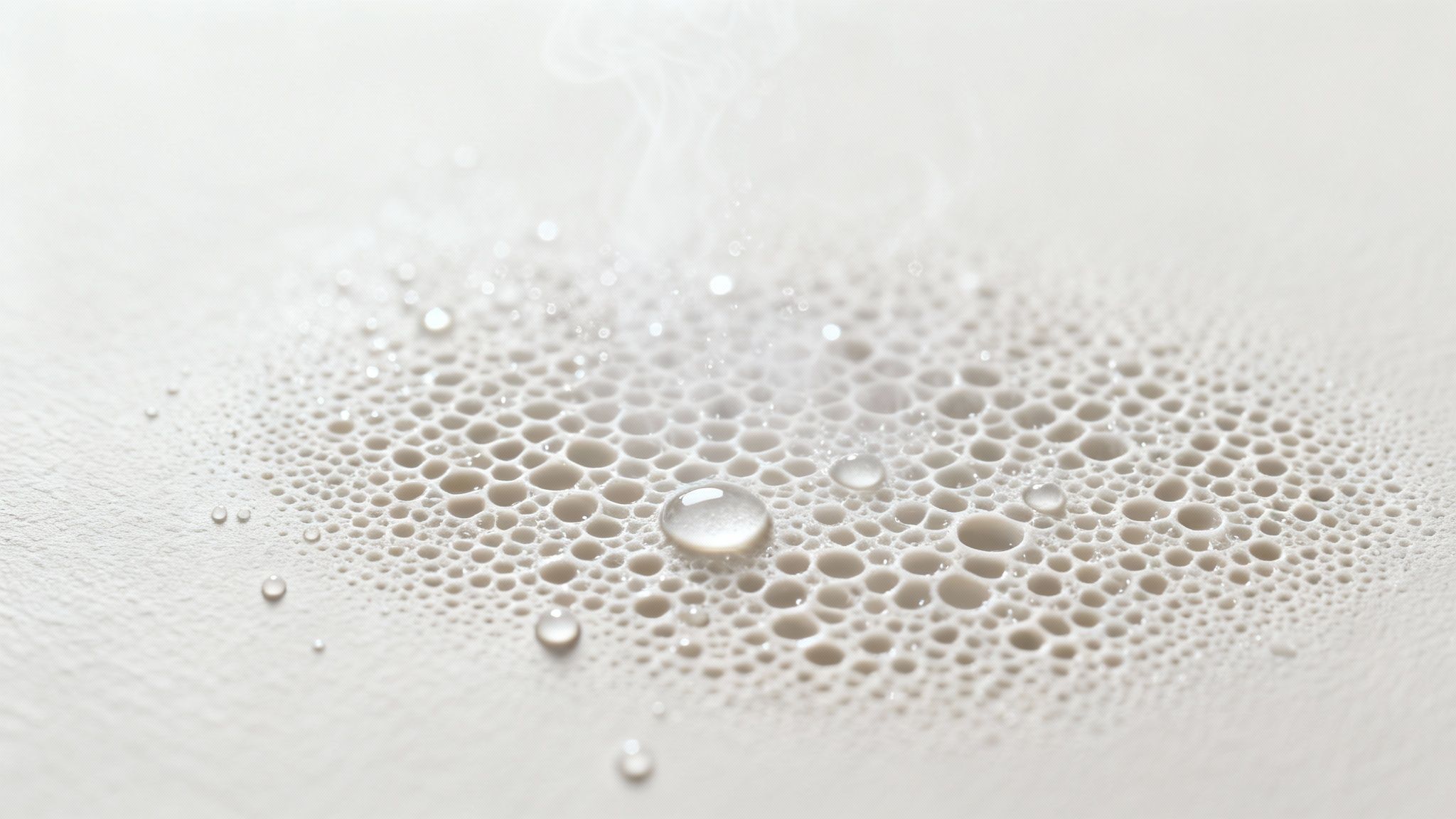 Nærbillede af vanddråber og let damp på en lys, diffusionsåben overflade.