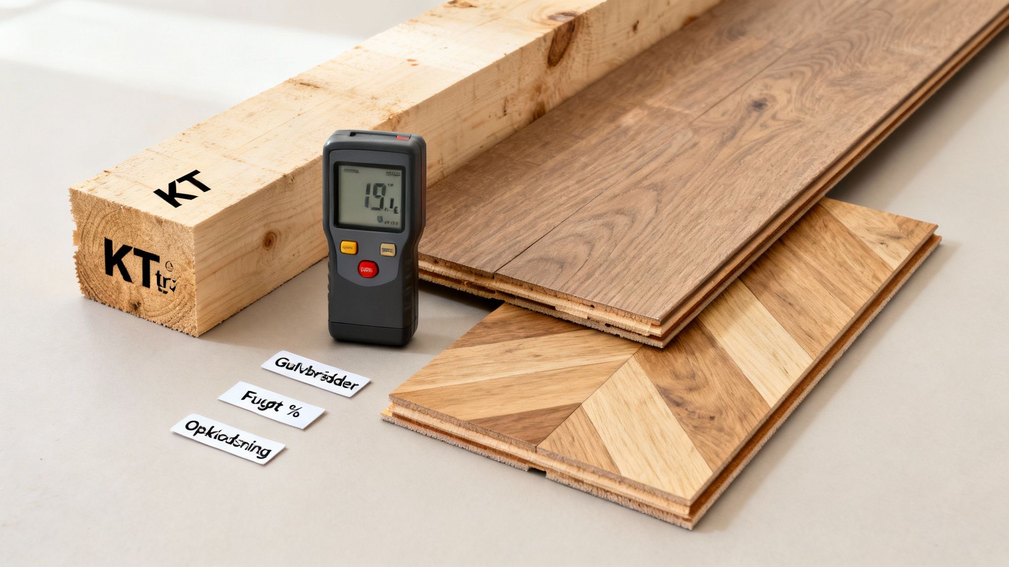 En fugtmåler viser fugtighed på 19.1% ved en træbjælke og stablede gulvbrædder, med labels.