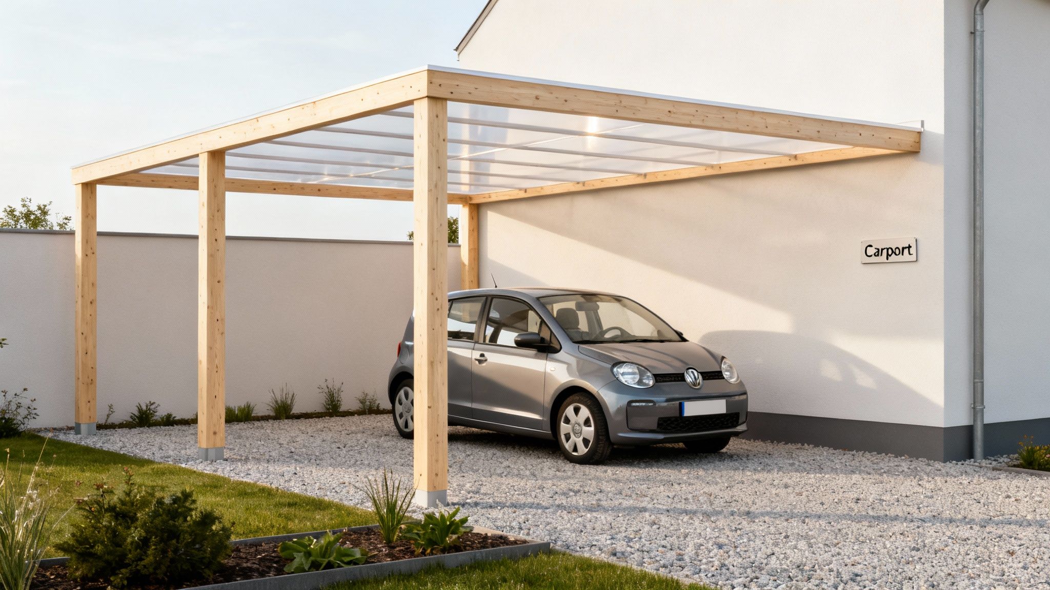 En moderne træcarport med et transparent tag beskytter en grå bil parkeret på en grusindkørsel foran et hus.