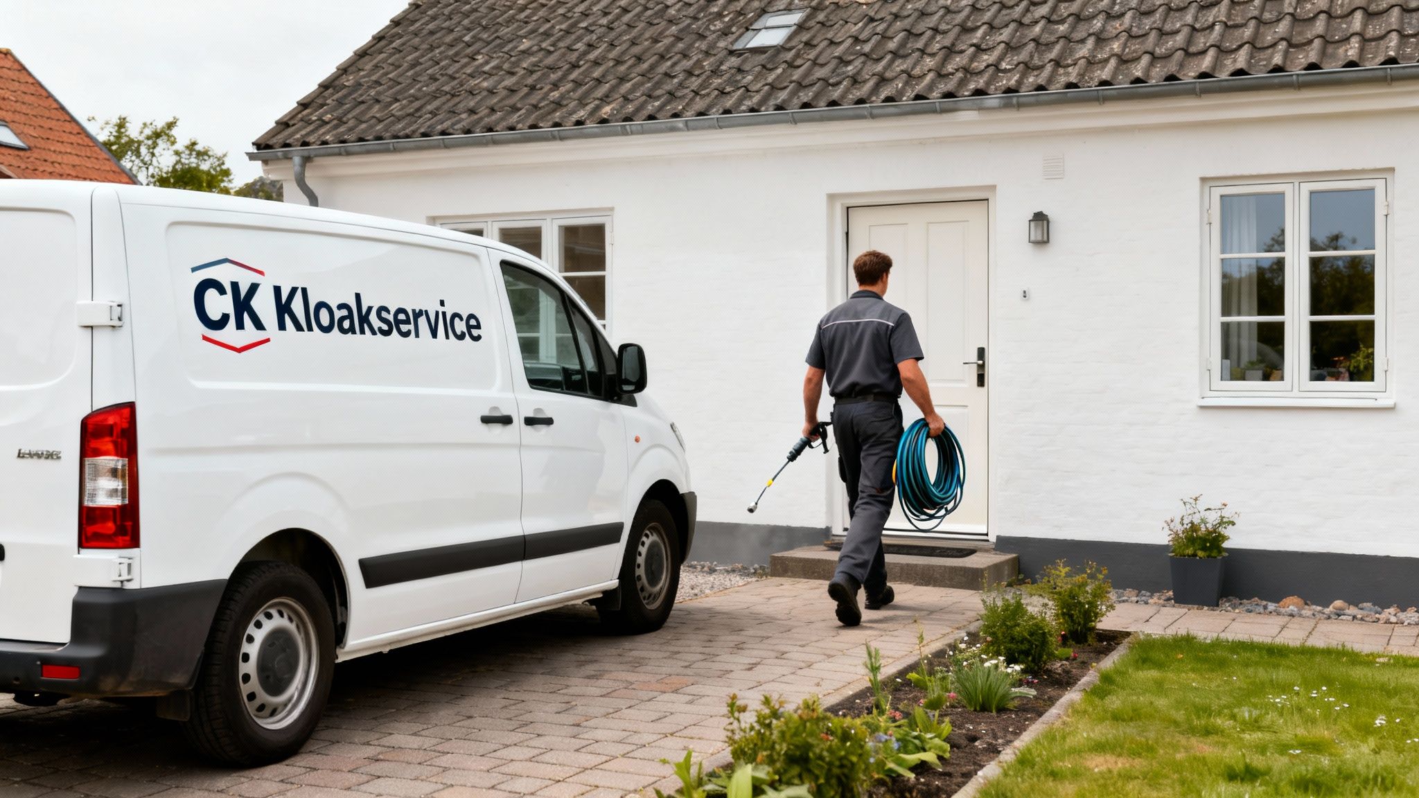 En servicetekniker fra CK Kloakservice går mod et hus med udstyr til kloakarbejde.